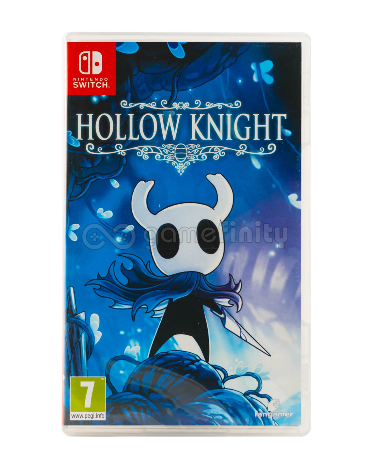 Etui gry Hollow Knight Nintendo Switch z postacią na niebieskim tle.