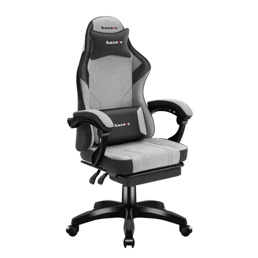 Szare i czarne ergonomiczne krzesło gamingowe z zagłówkiem i poduszką lędźwiową.