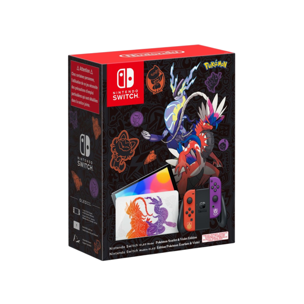 Pudełko Nintendo Switch OLED Edycja Pokémon z motywem i akcesoriami.