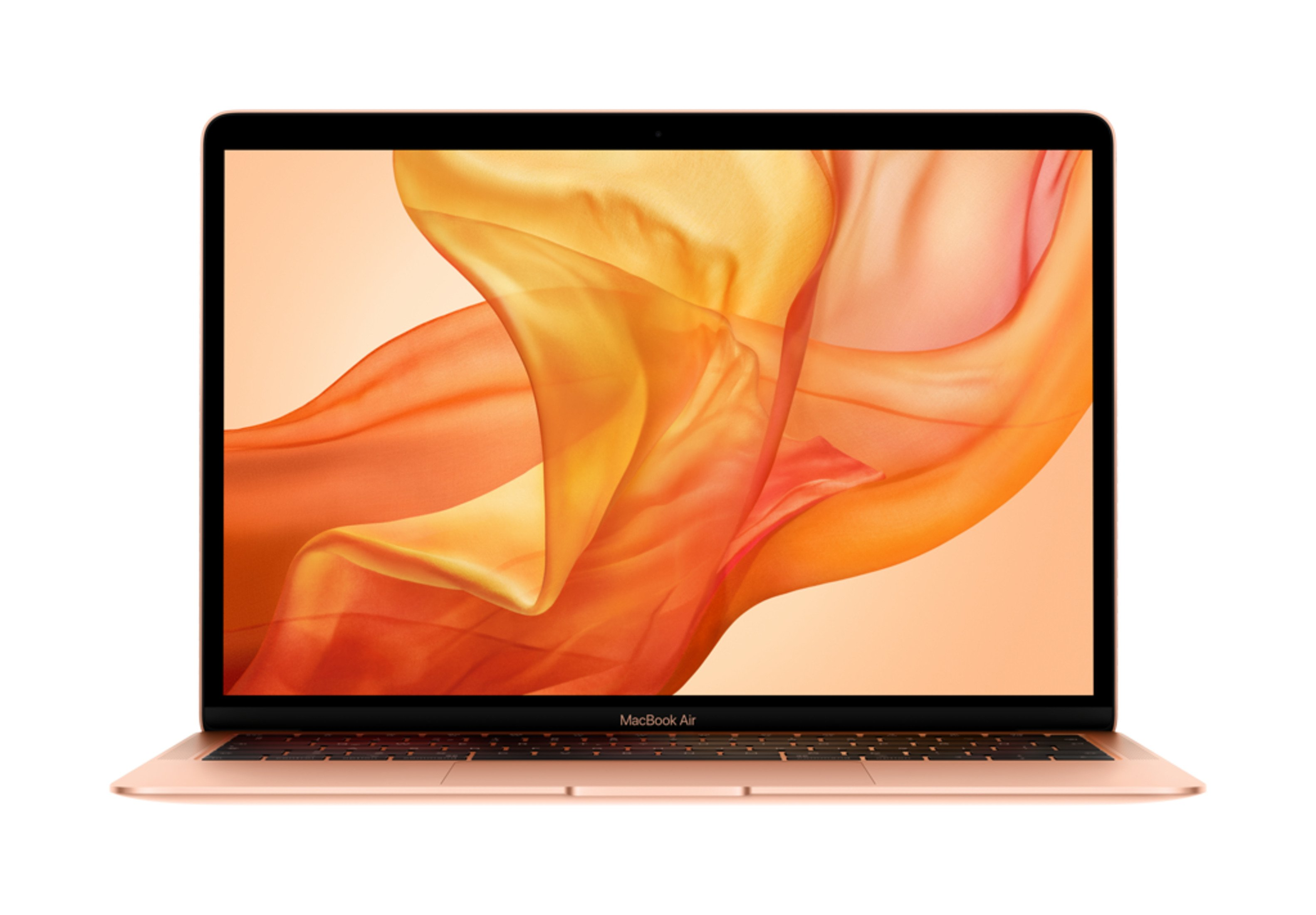 Różowo-złoty MacBook Air z pomarańczowo-żółtym wzorem tkaniny na ekranie.