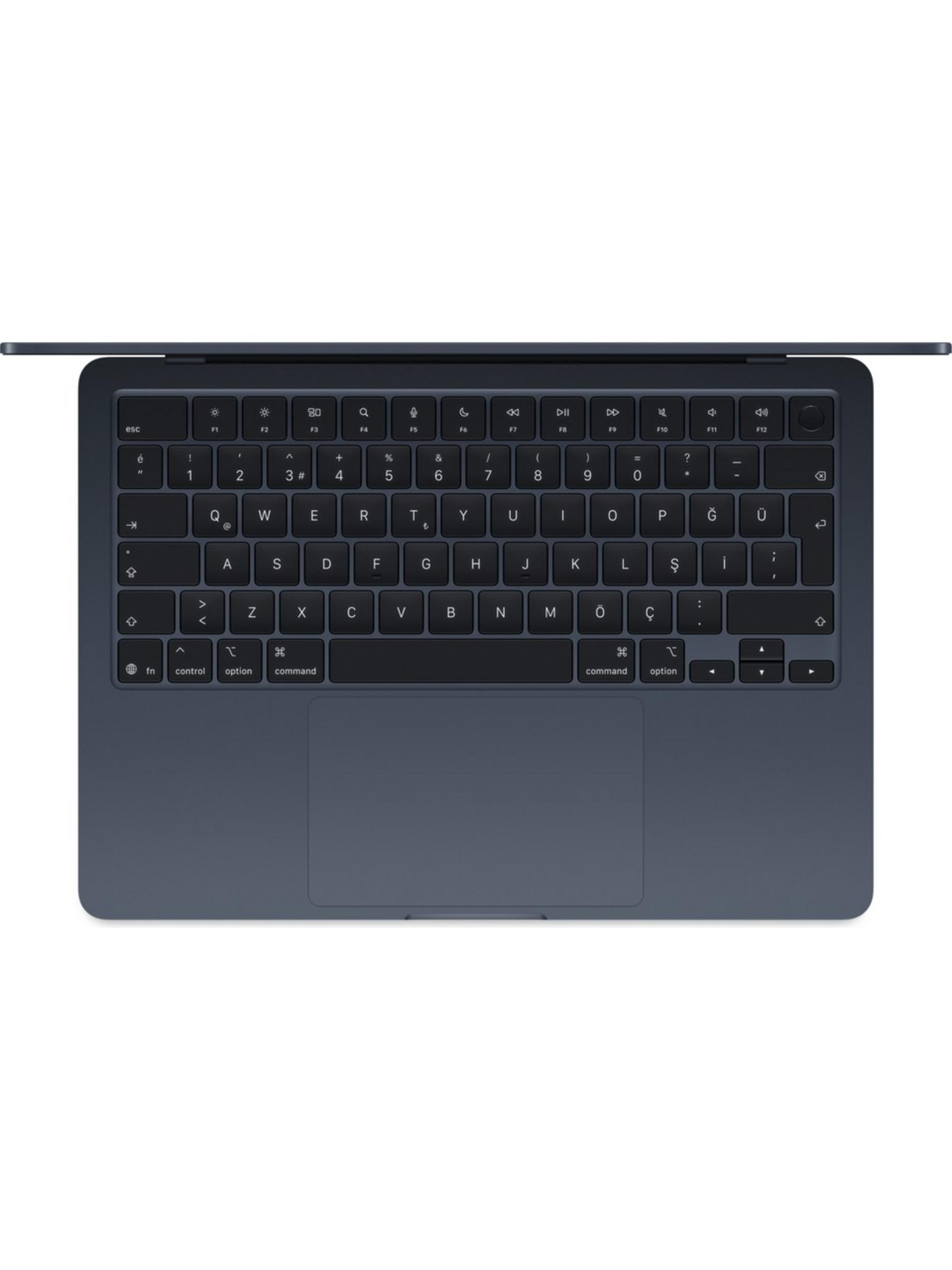 Koyu mavi MacBook klavye ve trackpad ile, yukarıdan görünüm.
