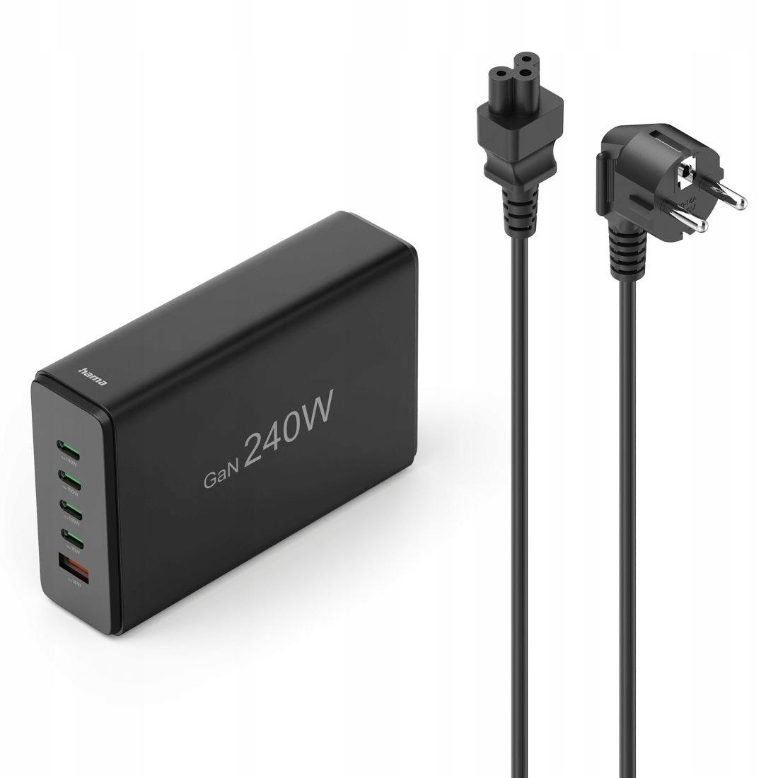 Czarny zasilacz GaN 240W z czterema portami USB i dwoma kablami.