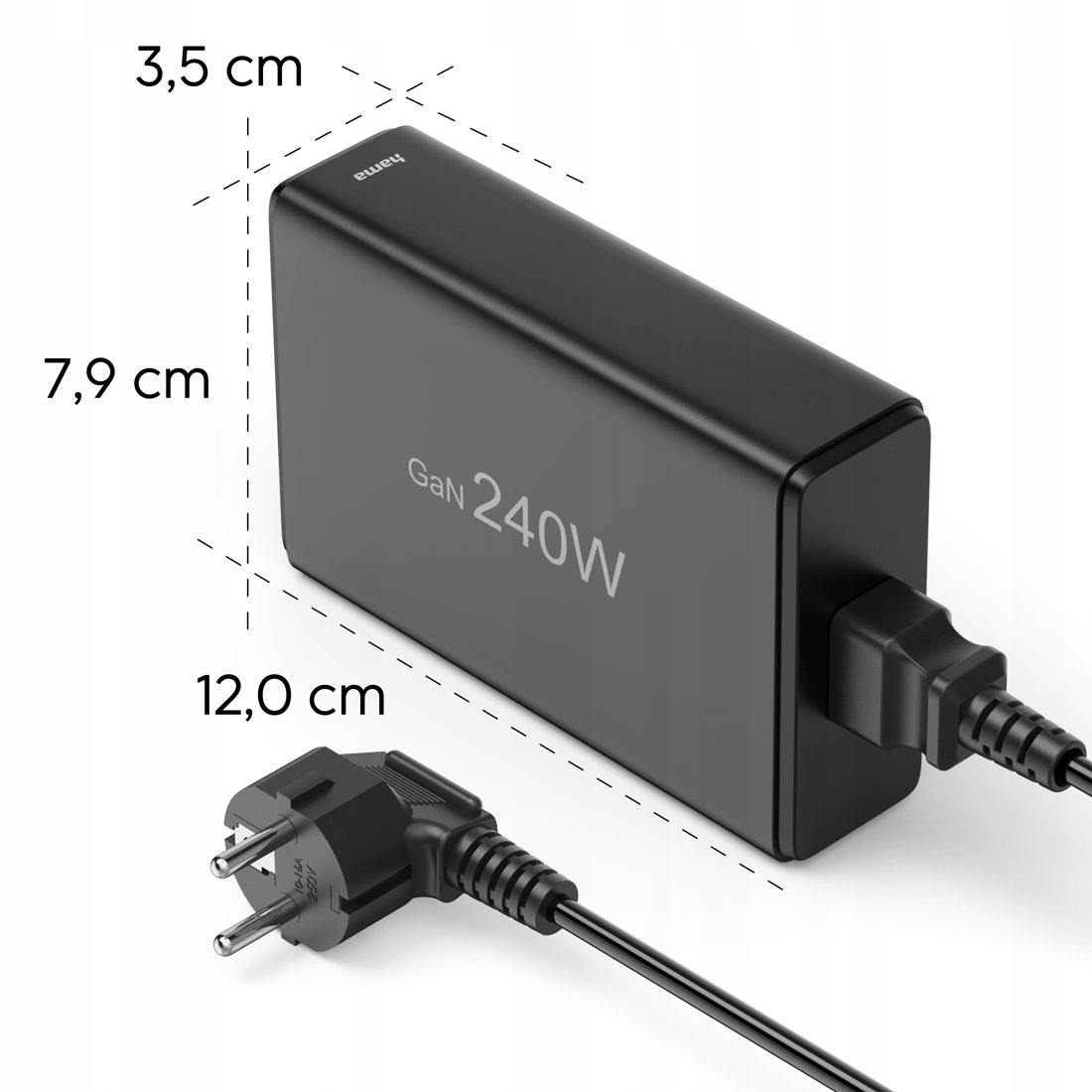 Czarny zasilacz GaN 240W z wymiarami.