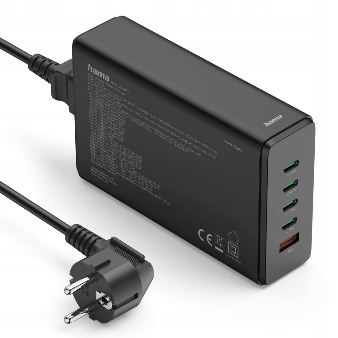 Czarny zasilacz Hama USB-C z wieloma portami i wtyczką europejską.