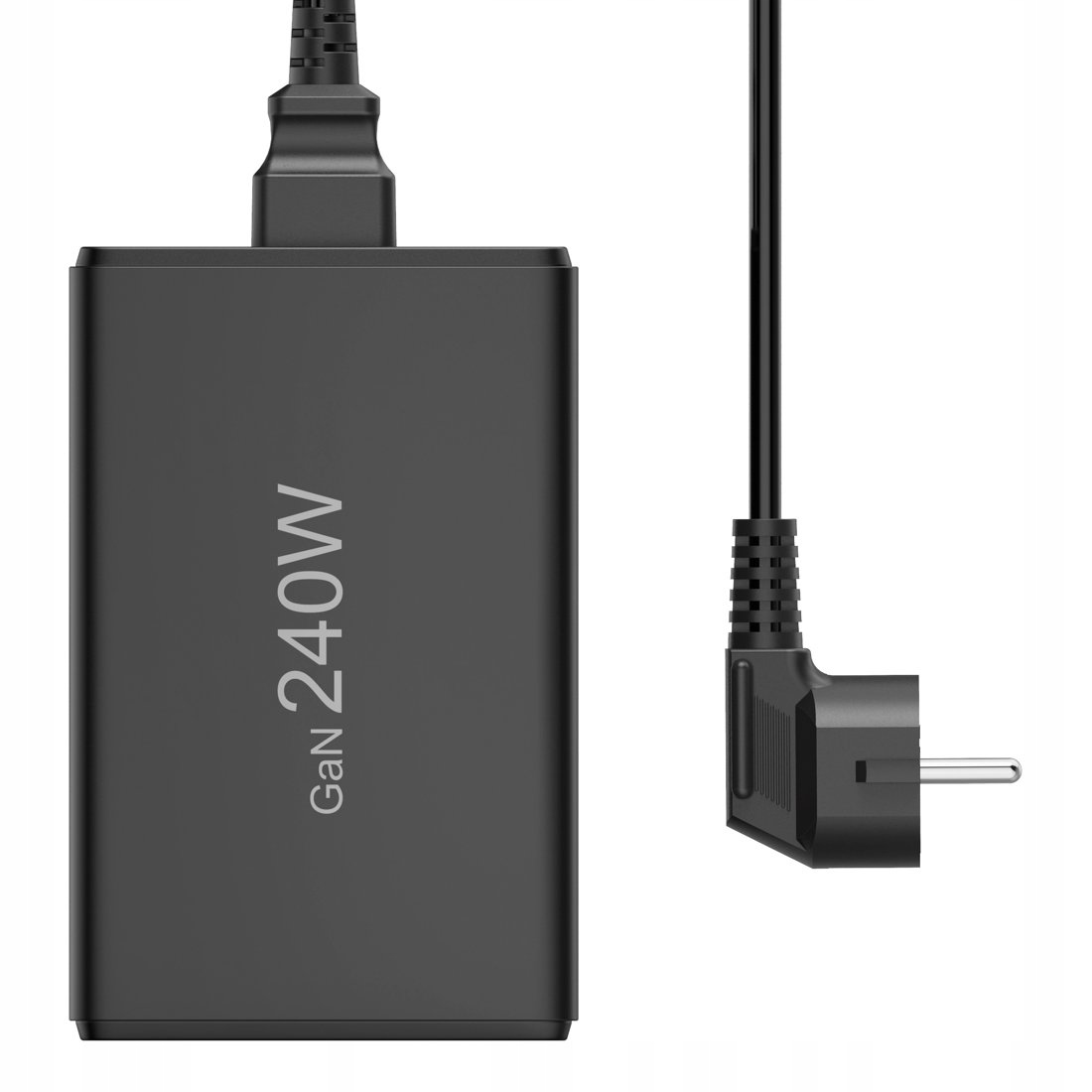 Czarny zasilacz GaN 240W z kablem i wtyczką.