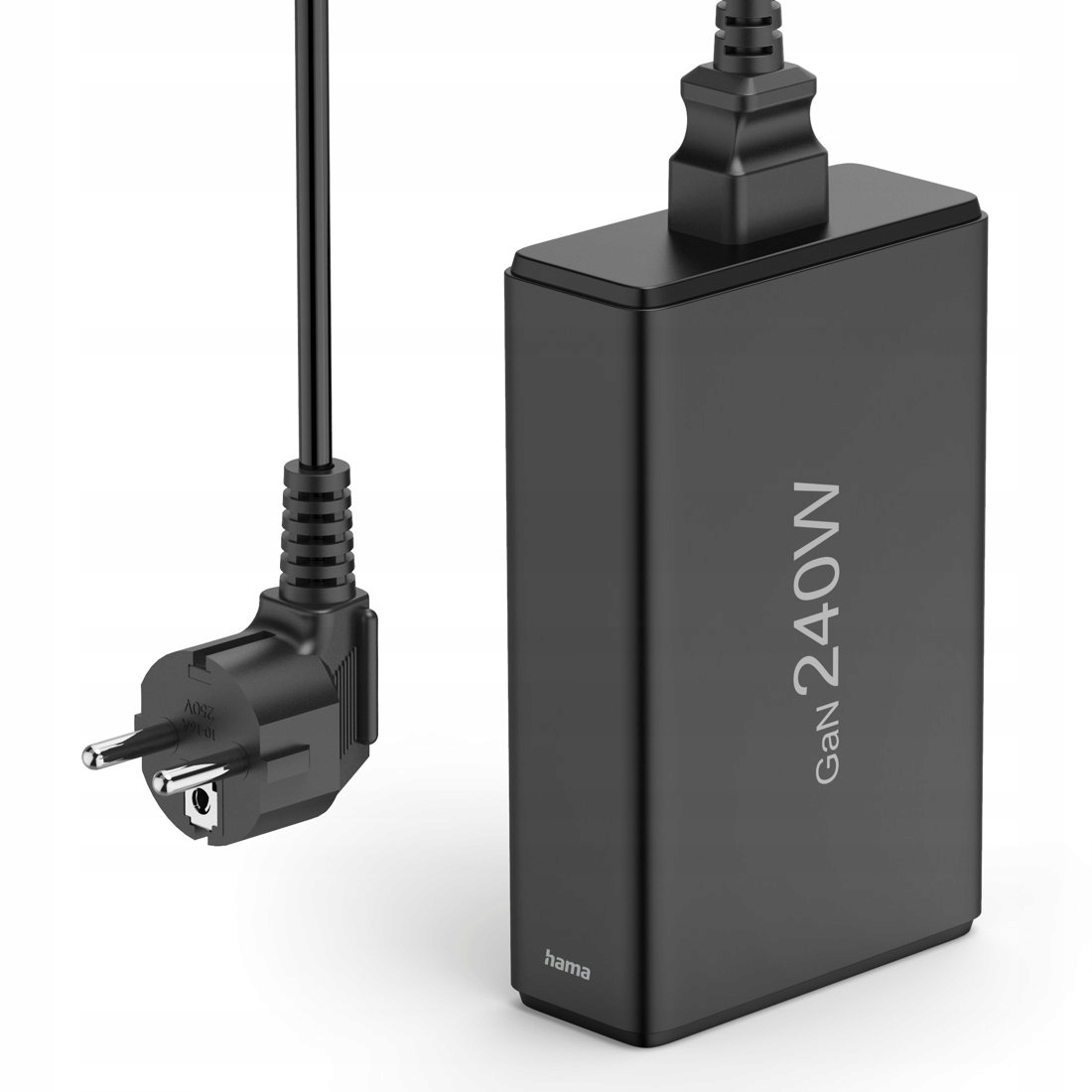 Czarny zasilacz z kablem i wtyczką, 240W GaN.