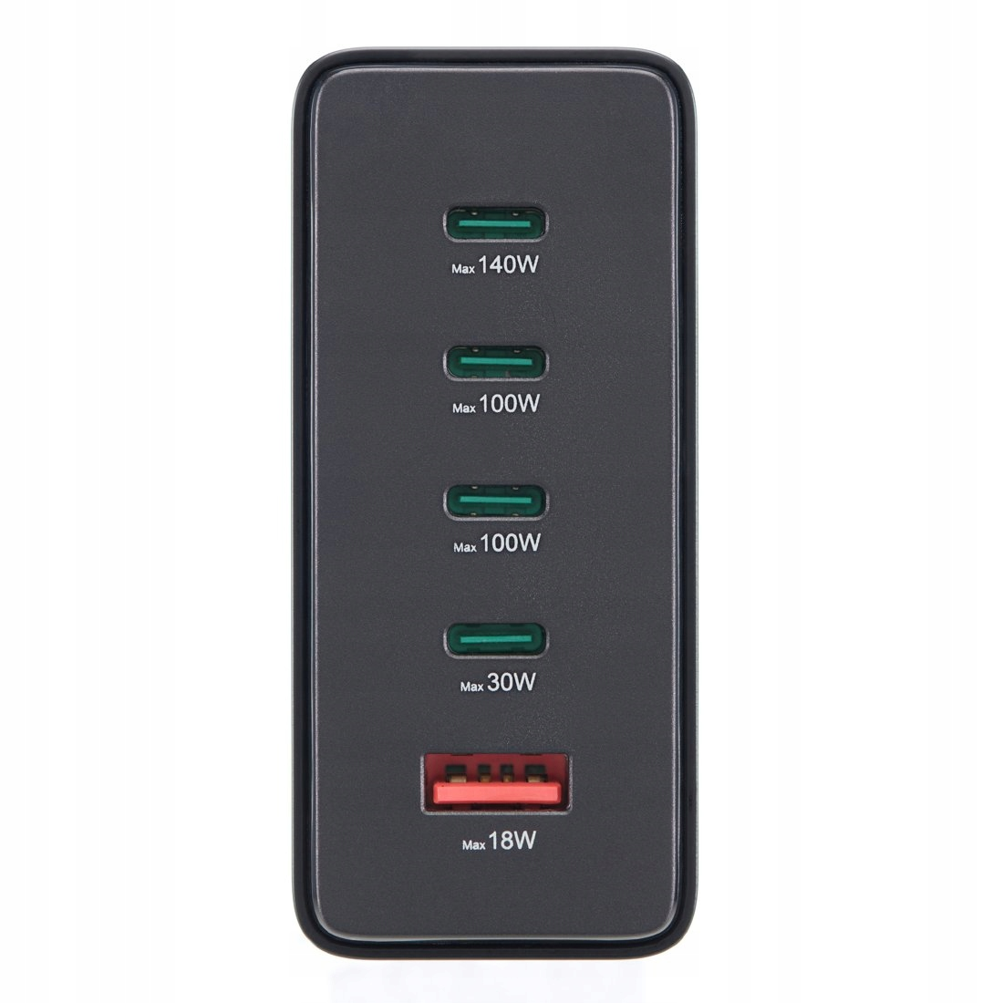 Szara ładowarka z 5 portami: 1x USB-A 18W i 4x USB-C (140W, 100W, 100W, 30W).