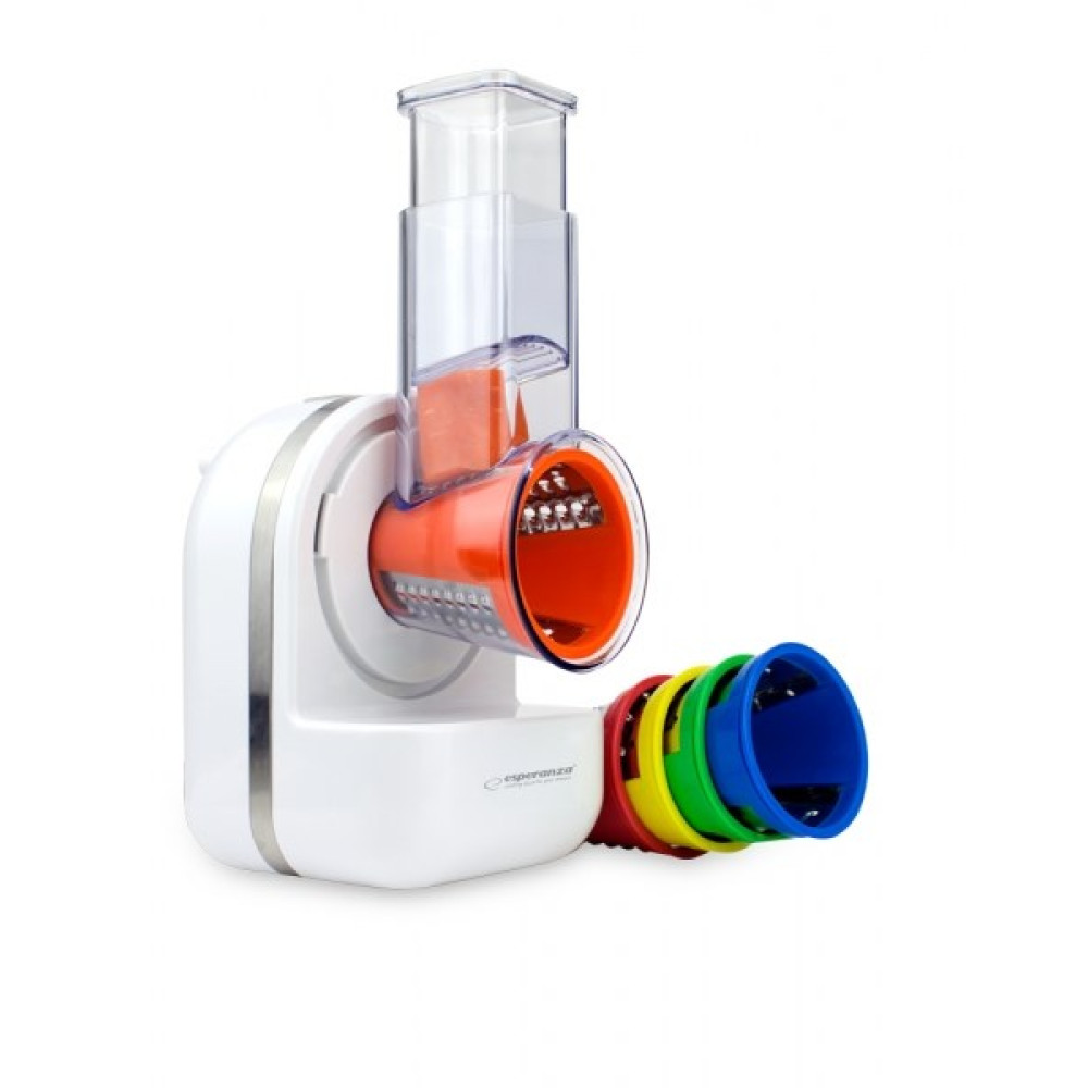 Biała krajalnica do warzyw z pomarańczową wkładką i kolorowymi bębnami.