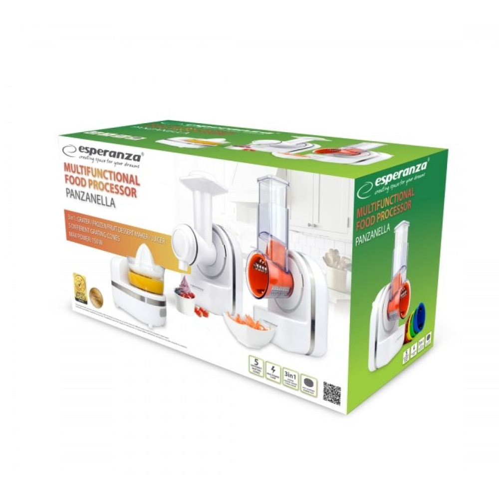 Pudełko białej wielofunkcyjnej robot kuchenny z sokowirówką i tarką.