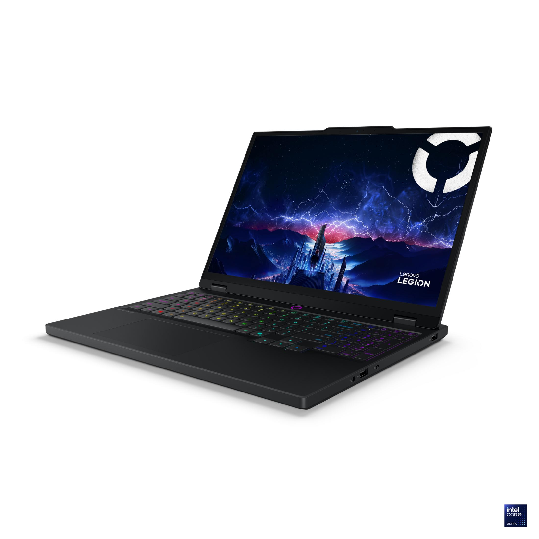 Arkadan aydınlatmalı klavyeli ve fütüristik duvar kağıtlı siyah Lenovo Legion dizüstü bilgisayar.