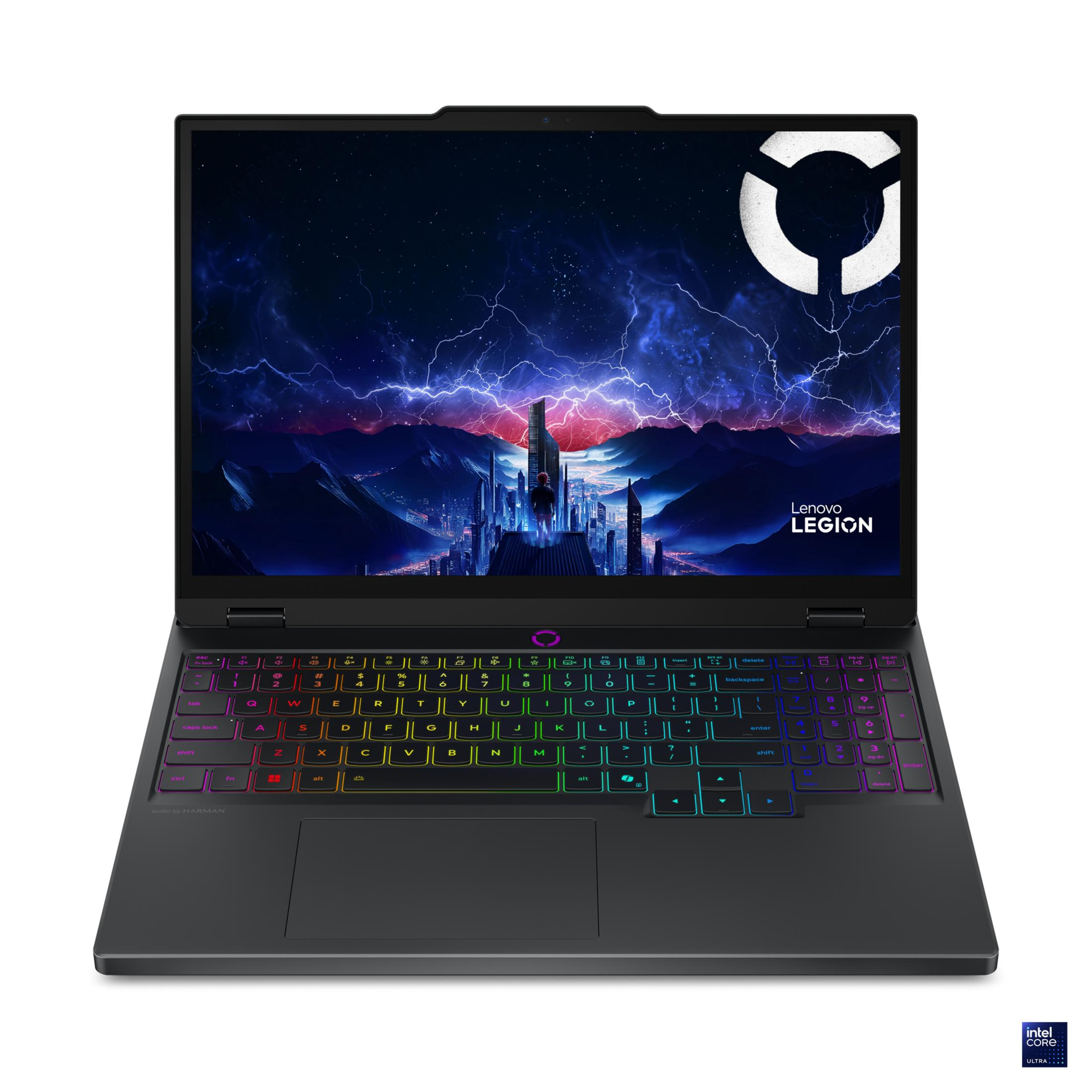 Arkadan aydınlatmalı klavyeli ve fütüristik arka planlı siyah Lenovo Legion dizüstü bilgisayar.