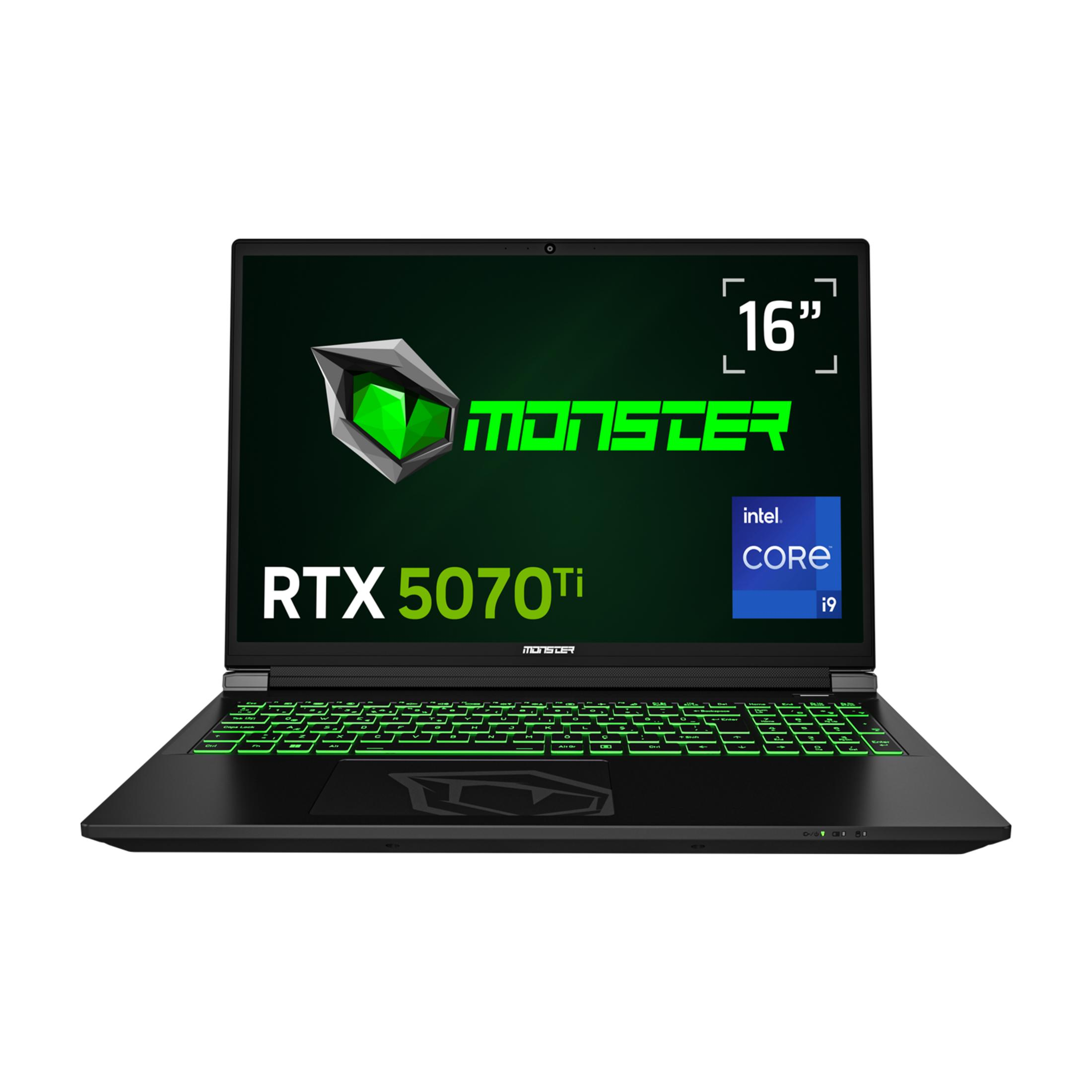 Monster logosu, RTX 5070Ti ve Intel Core i9 işlemcili siyah 16 inç dizüstü bilgisayar.