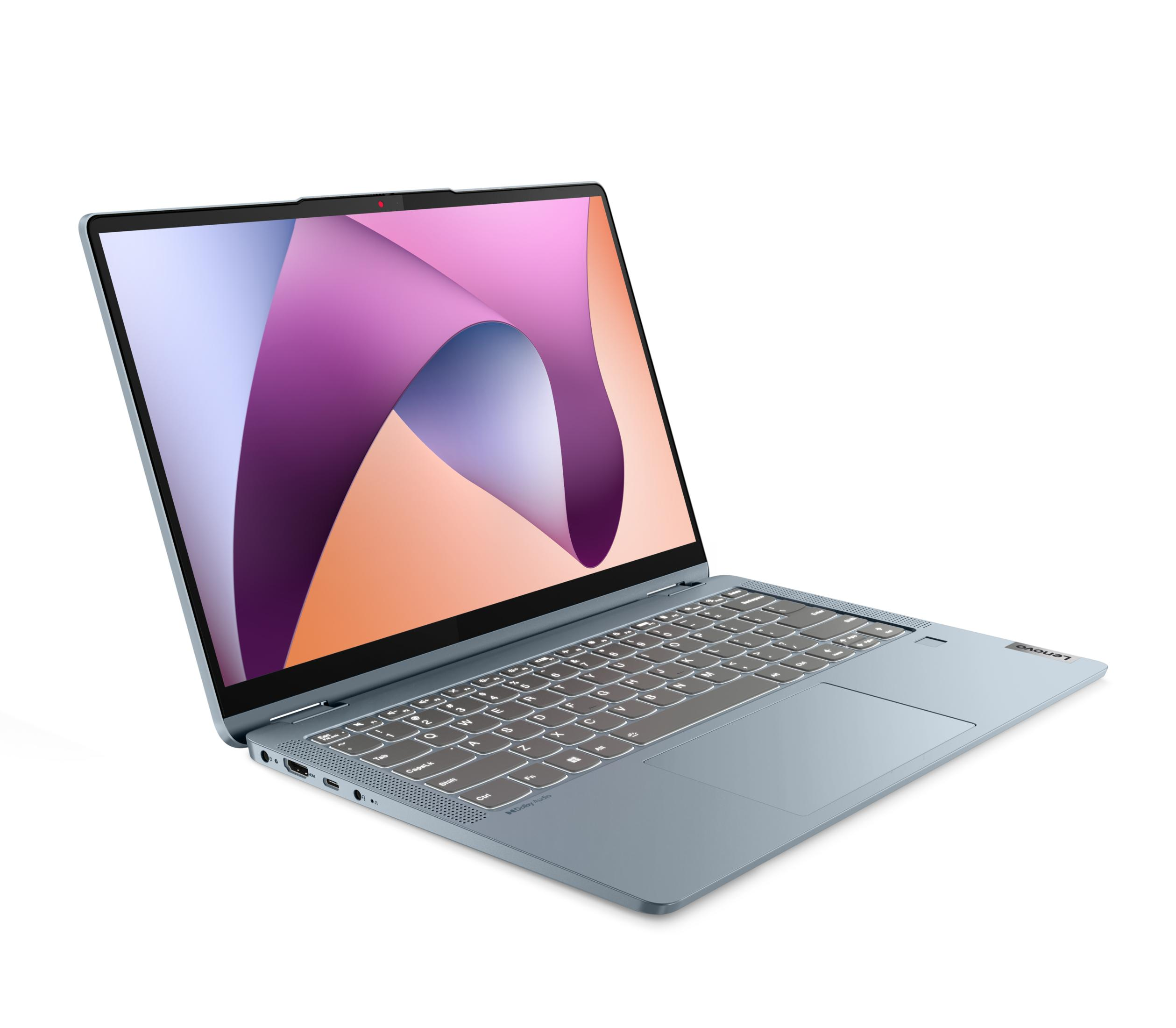 Arkadan aydınlatmalı klavyeli mavi Lenovo dizüstü bilgisayar, yandan görünüm.