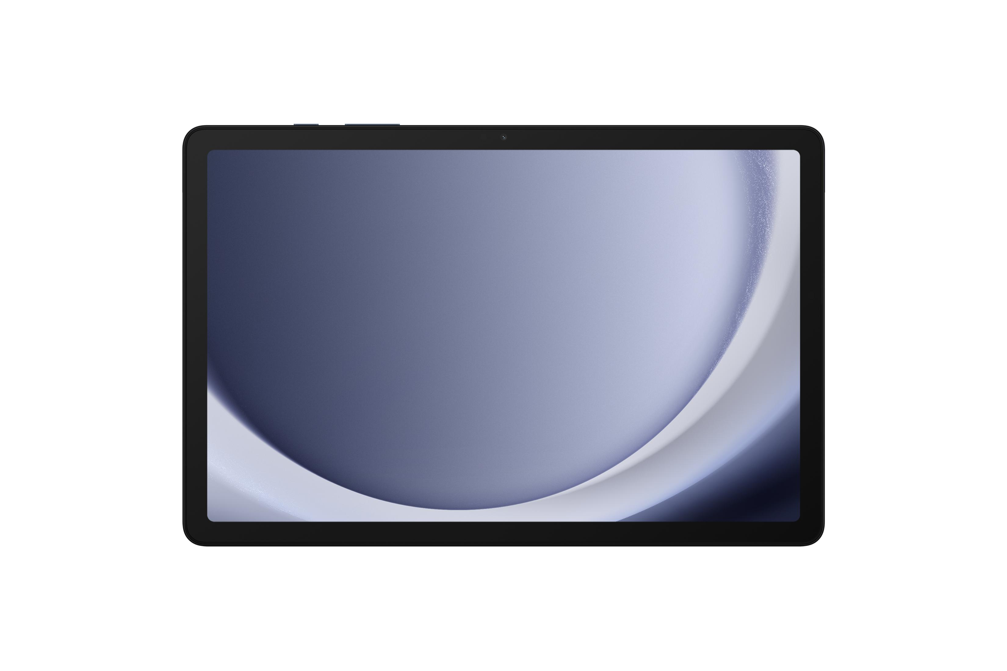 Mavi ve beyaz soyut arka plana sahip siyah bir tablet.