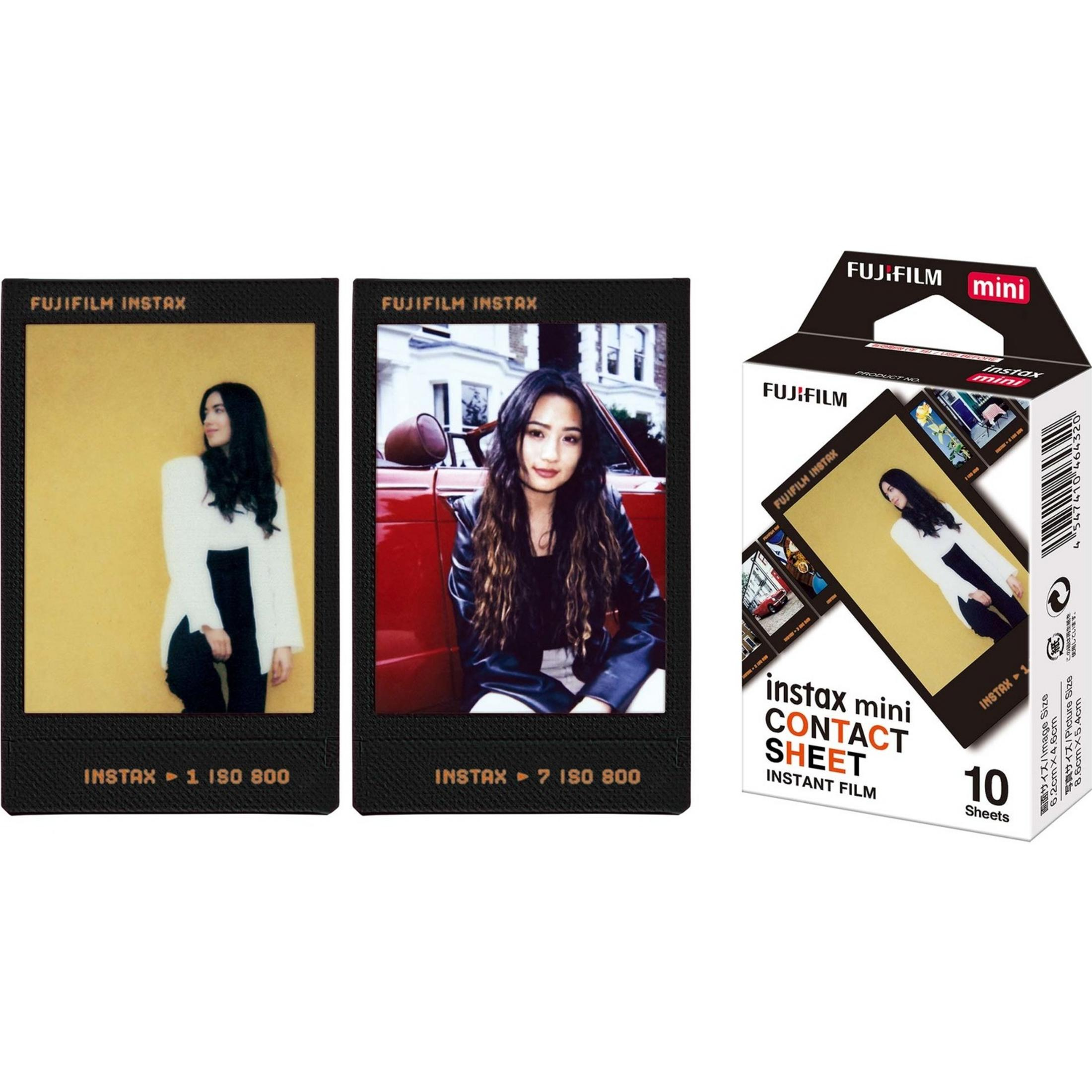Drei Fujifilm Instax Produkte: zwei Filmpacks mit Frauen und eine Box mit Film.