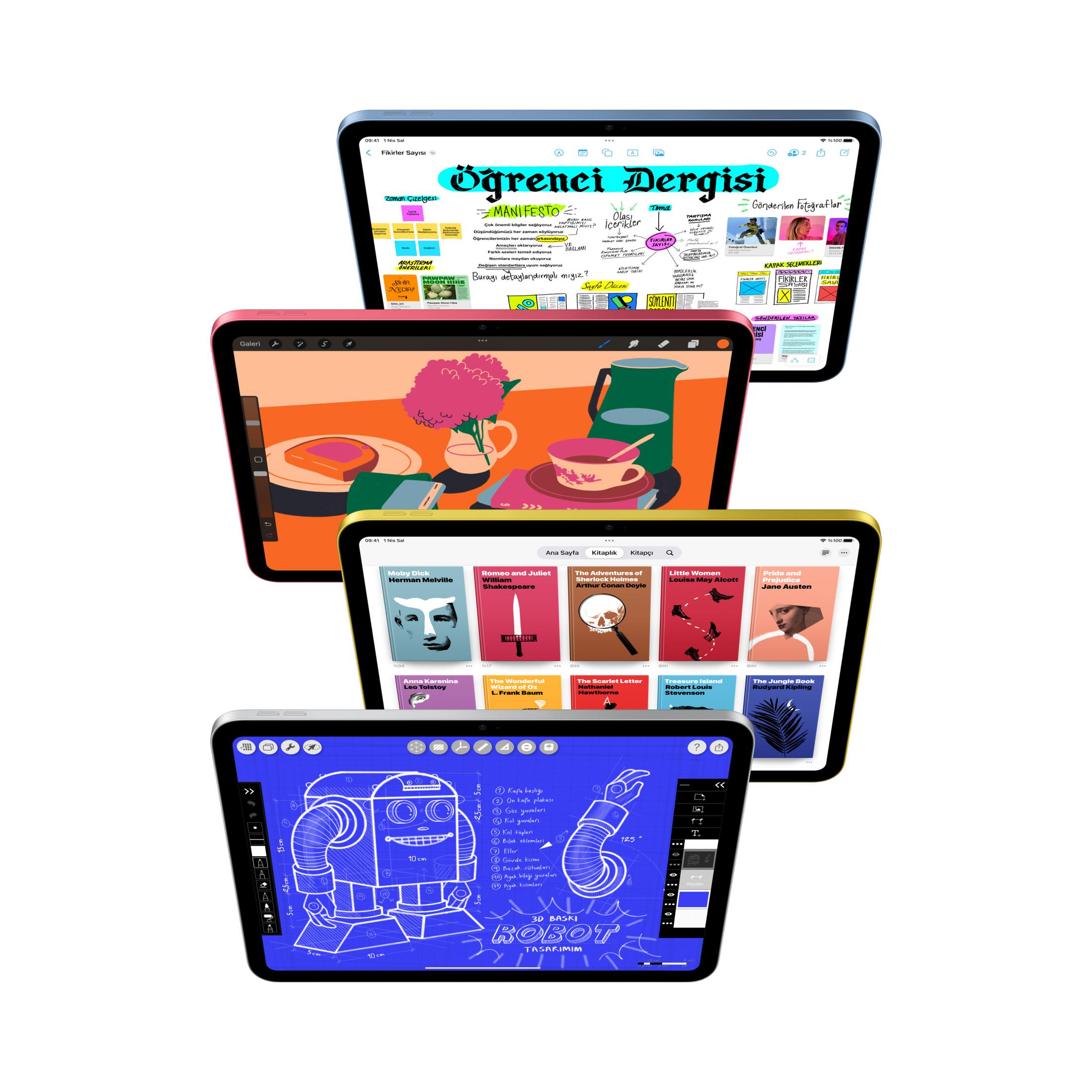 Dört tablet üst üste dizili. Biri robot çizimi, diğerleri kitap kapağı gösteriyor.