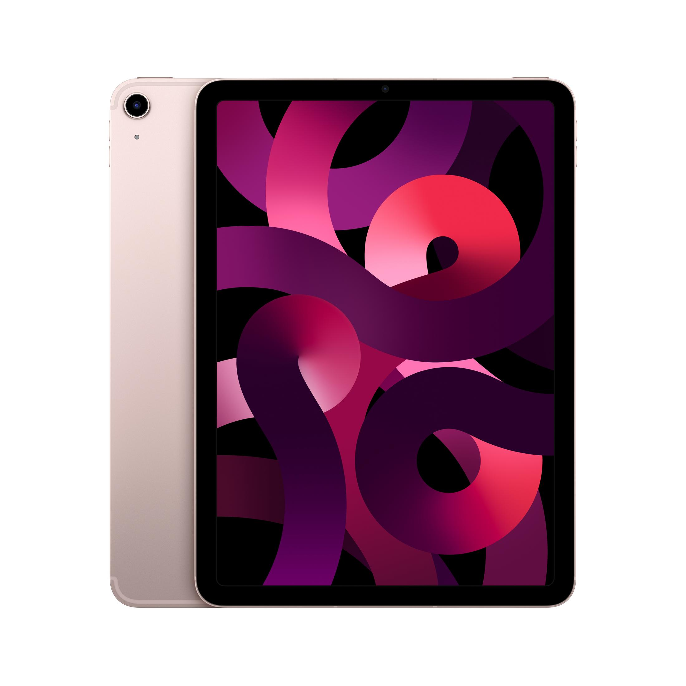 Ekranında renkli bir arka plana sahip, rose gold rengi bir tablet.