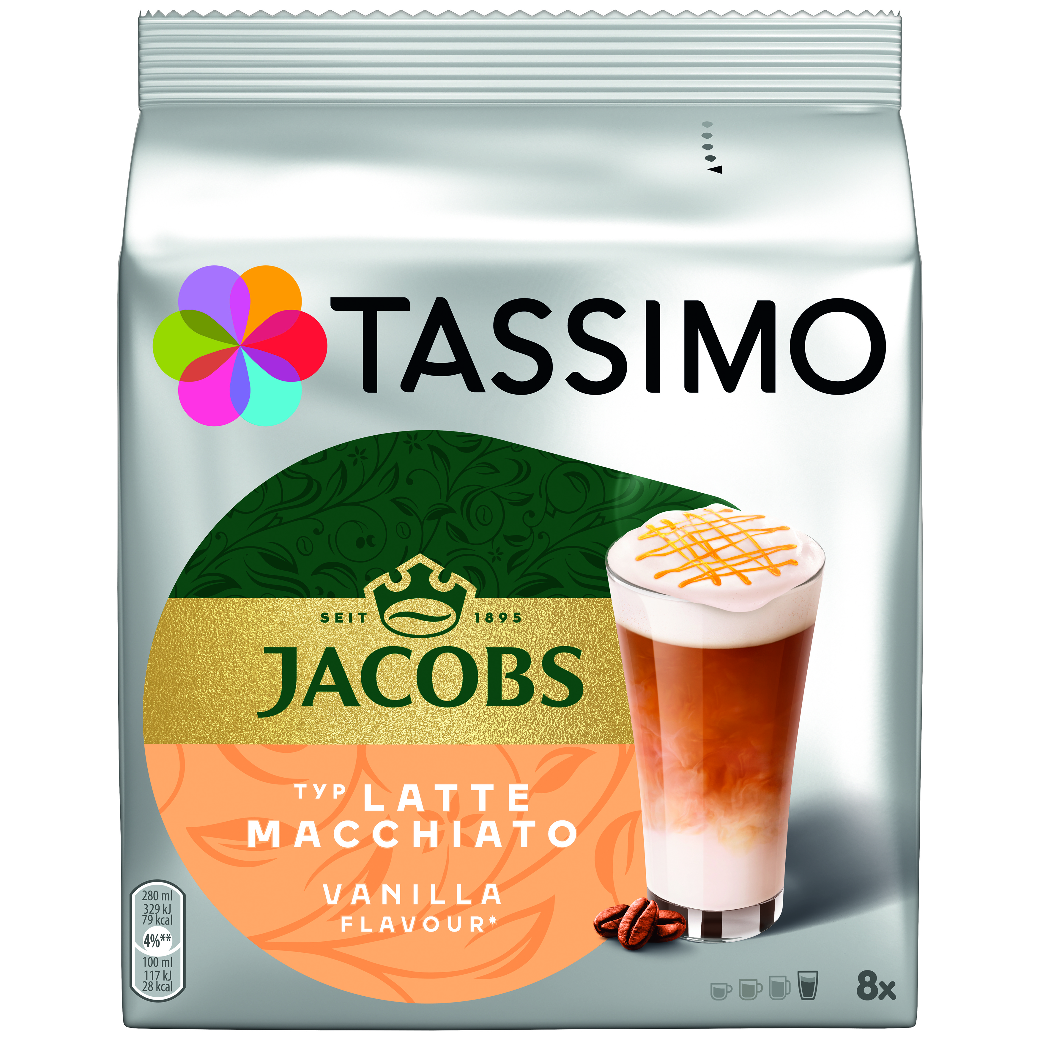 Tassimo Jacobs Typ Latte Macchiato Vanille Geschmackspackung mit Getränk.