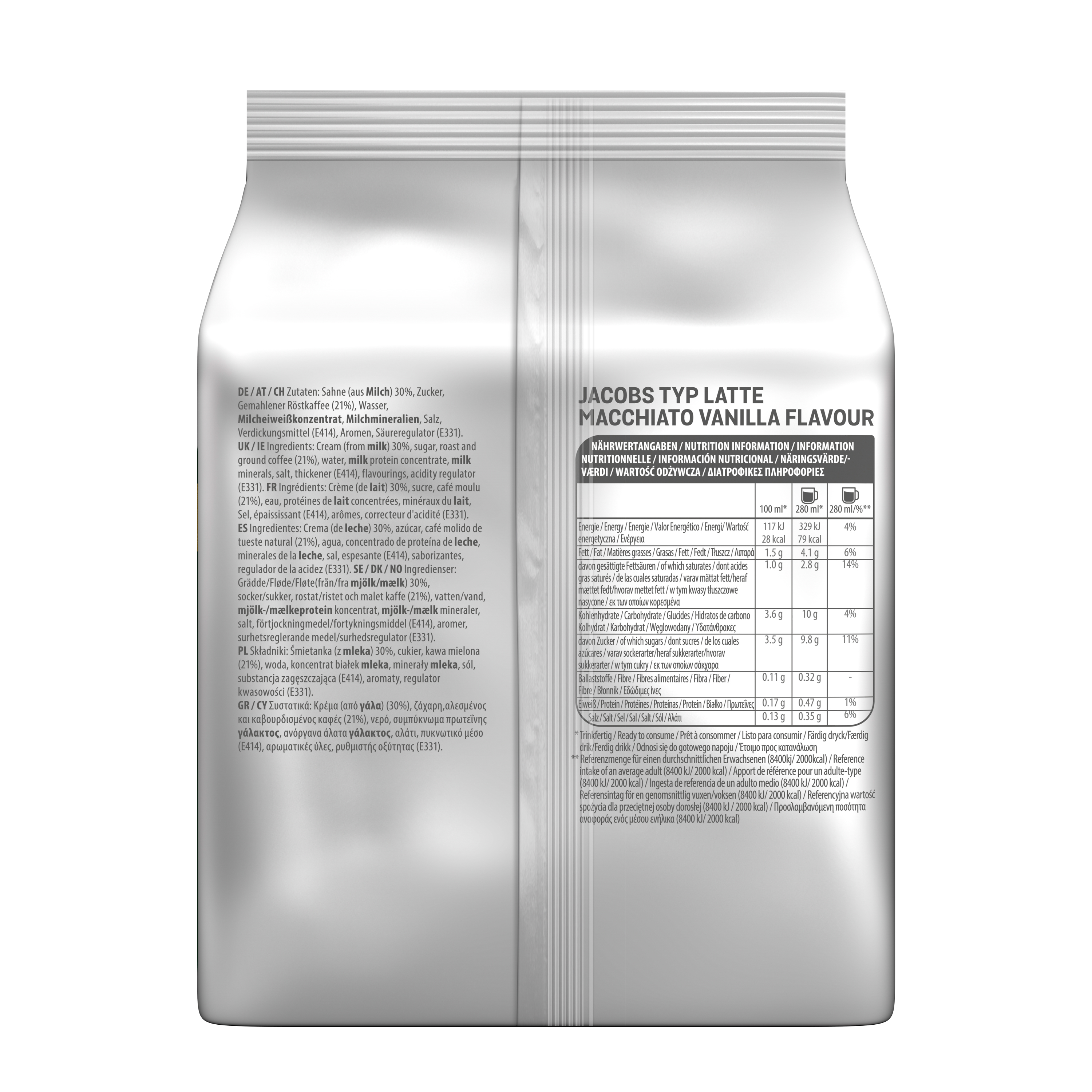 Packung Jacobs Typ Latte Macchiato Vanille Geschmack mit Nährwertangaben.