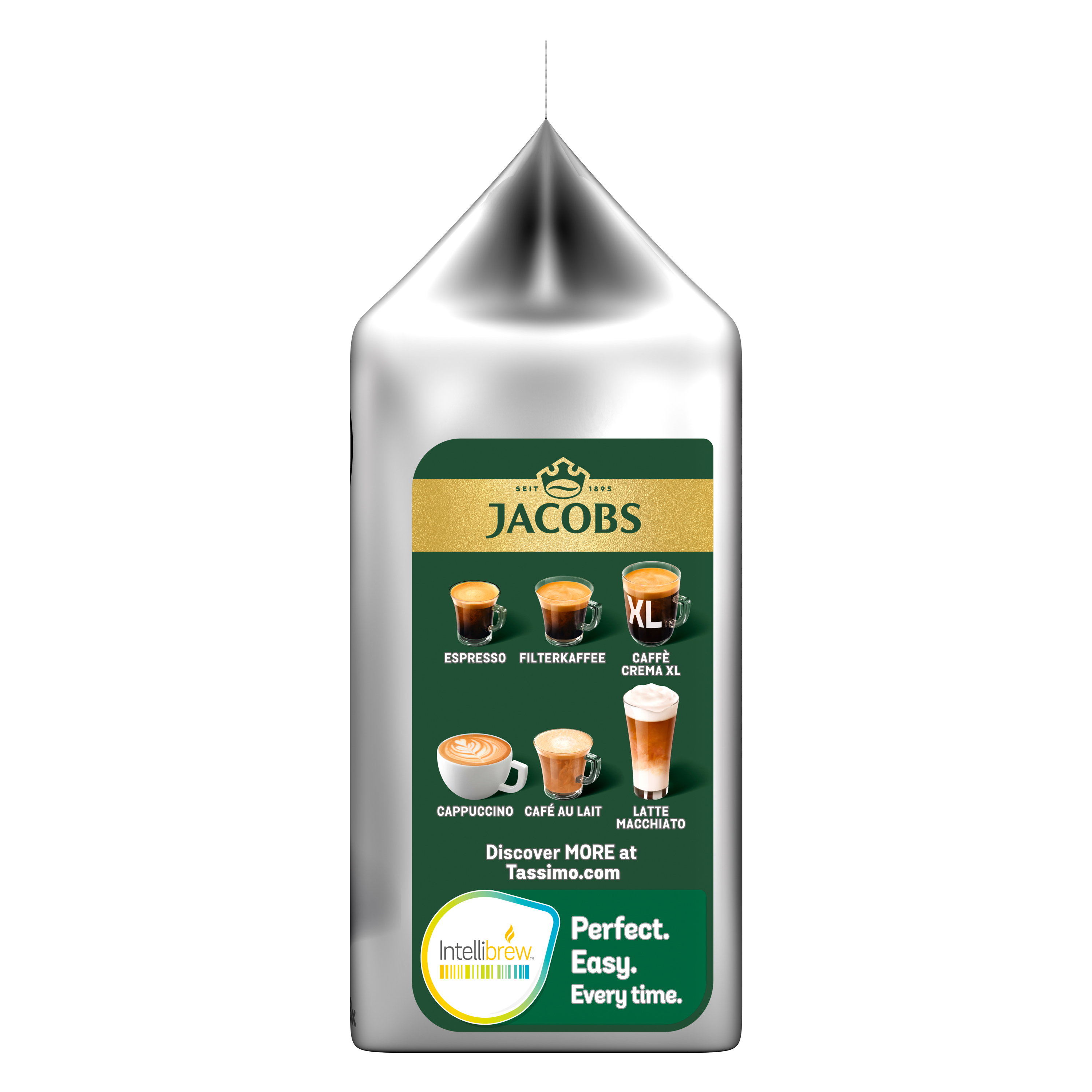 Eine Packung Jacobs Kaffee mit Abbildungen verschiedener Kaffeespezialitäten.