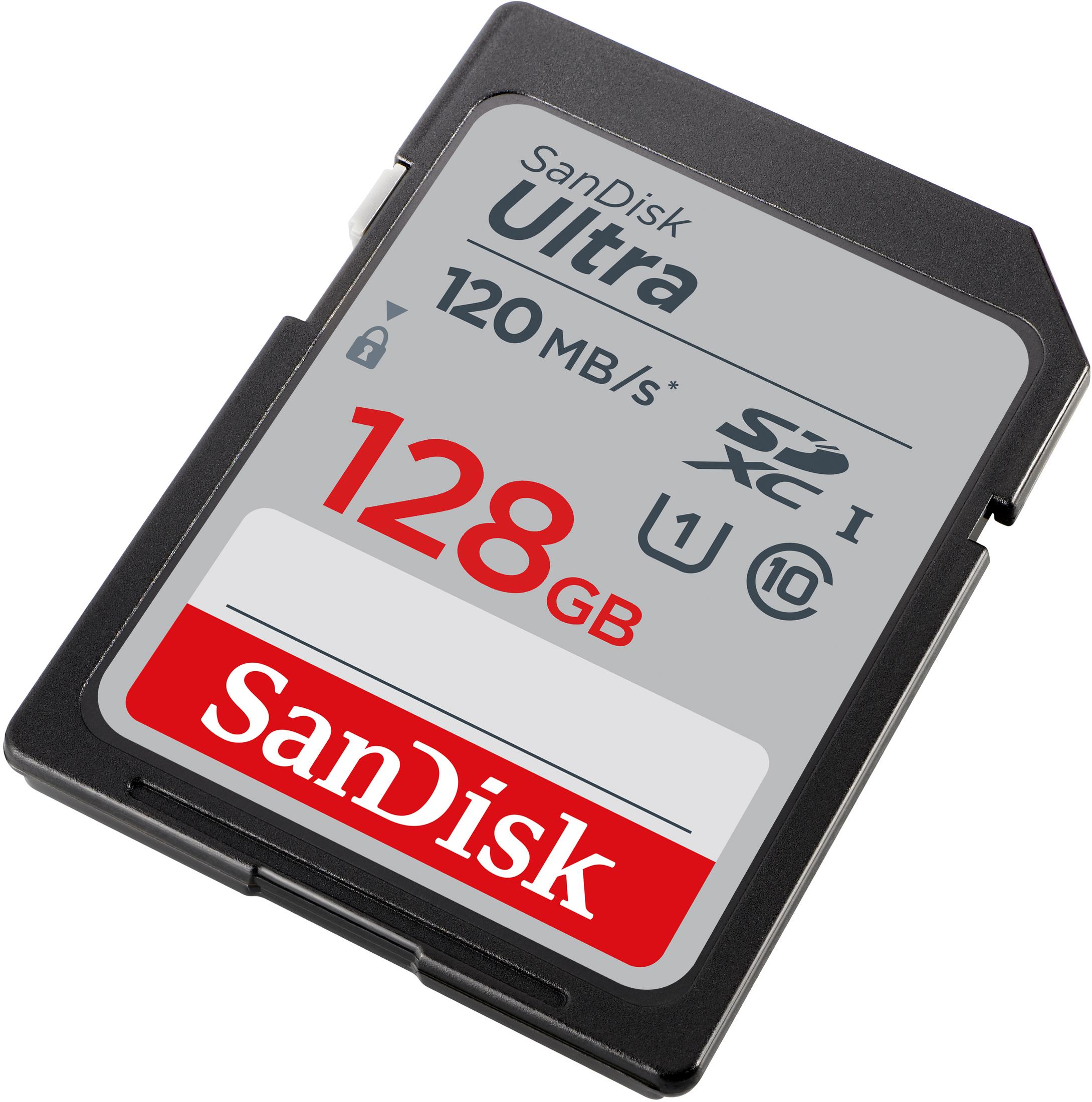 Eine graue SanDisk Ultra 128GB Speicherkarte mit rotem Schriftzug.