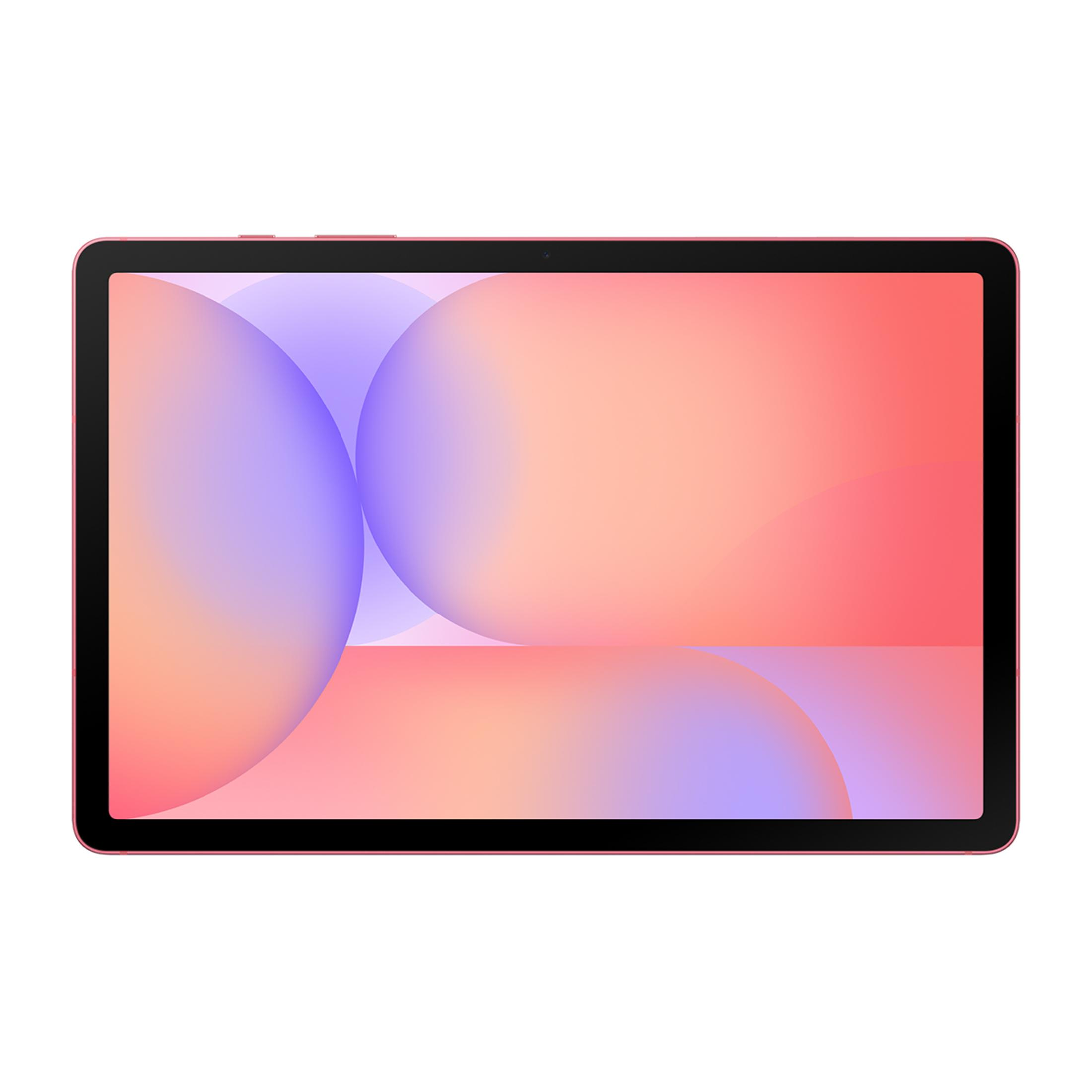 Pembe ve mor dairelerden oluşan soyut bir arka plana sahip pembe bir tablet.