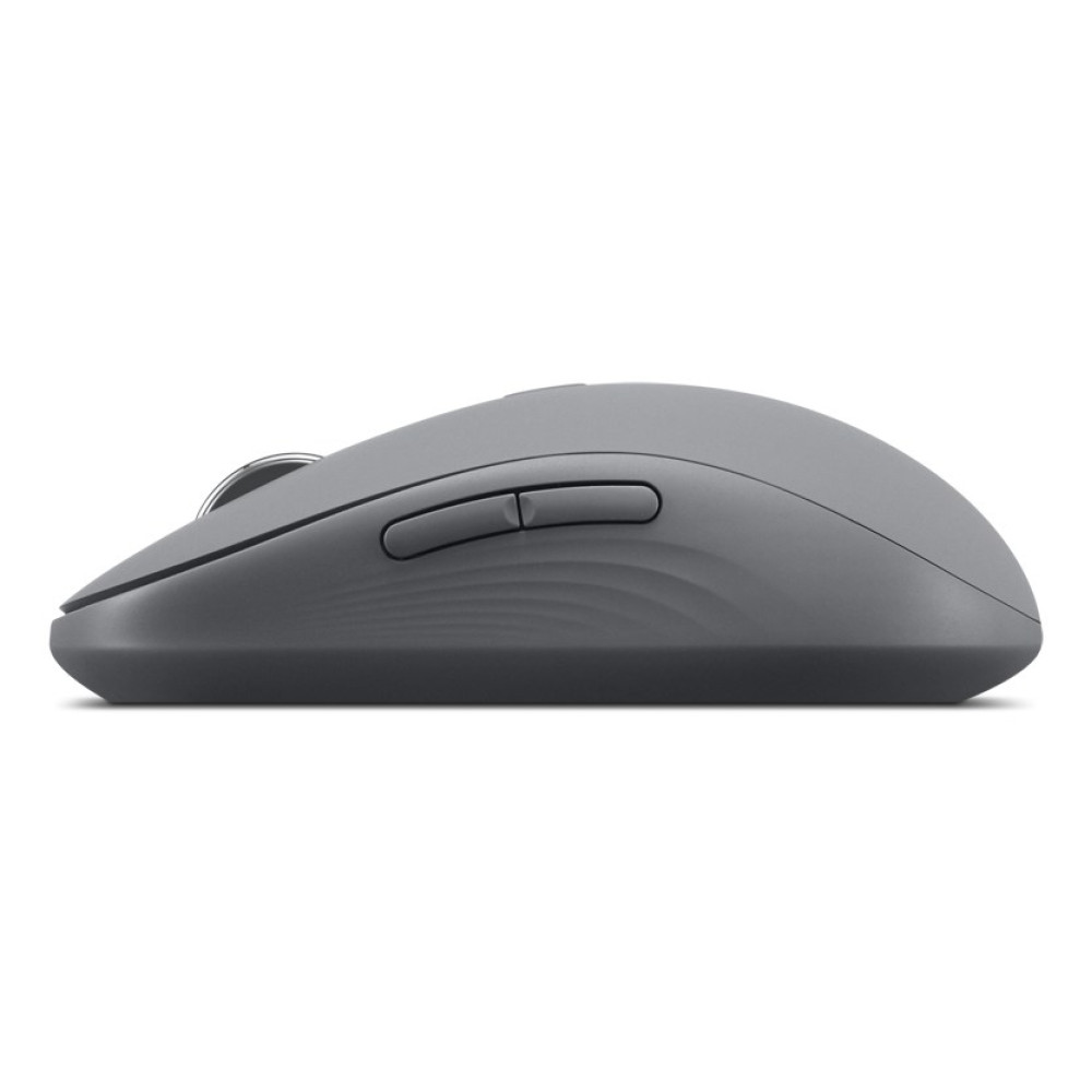 Mouse grigio per computer con rotellina e due pulsanti, visto di lato.