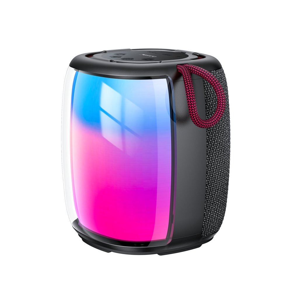 Renkli gradyanlı şeffaf kasalı siyah Bluetooth hoparlör.
