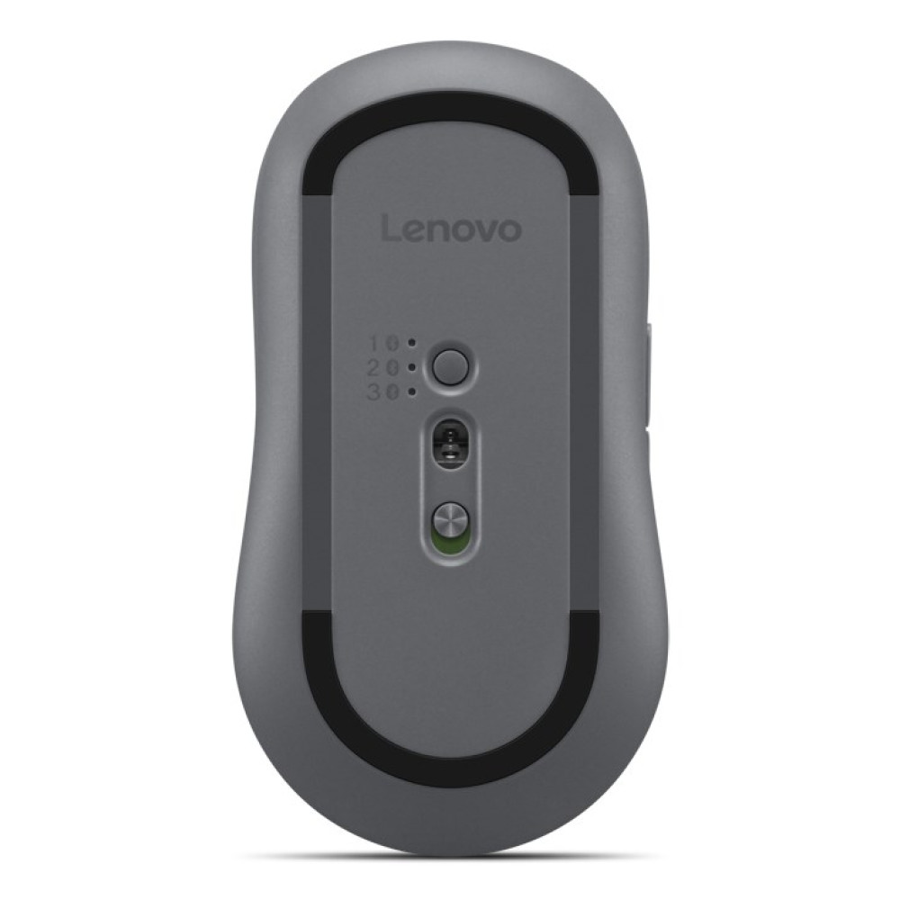 Parte inferiore di un mouse Lenovo grigio che mostra le impostazioni DPI e il pulsante di accensione.