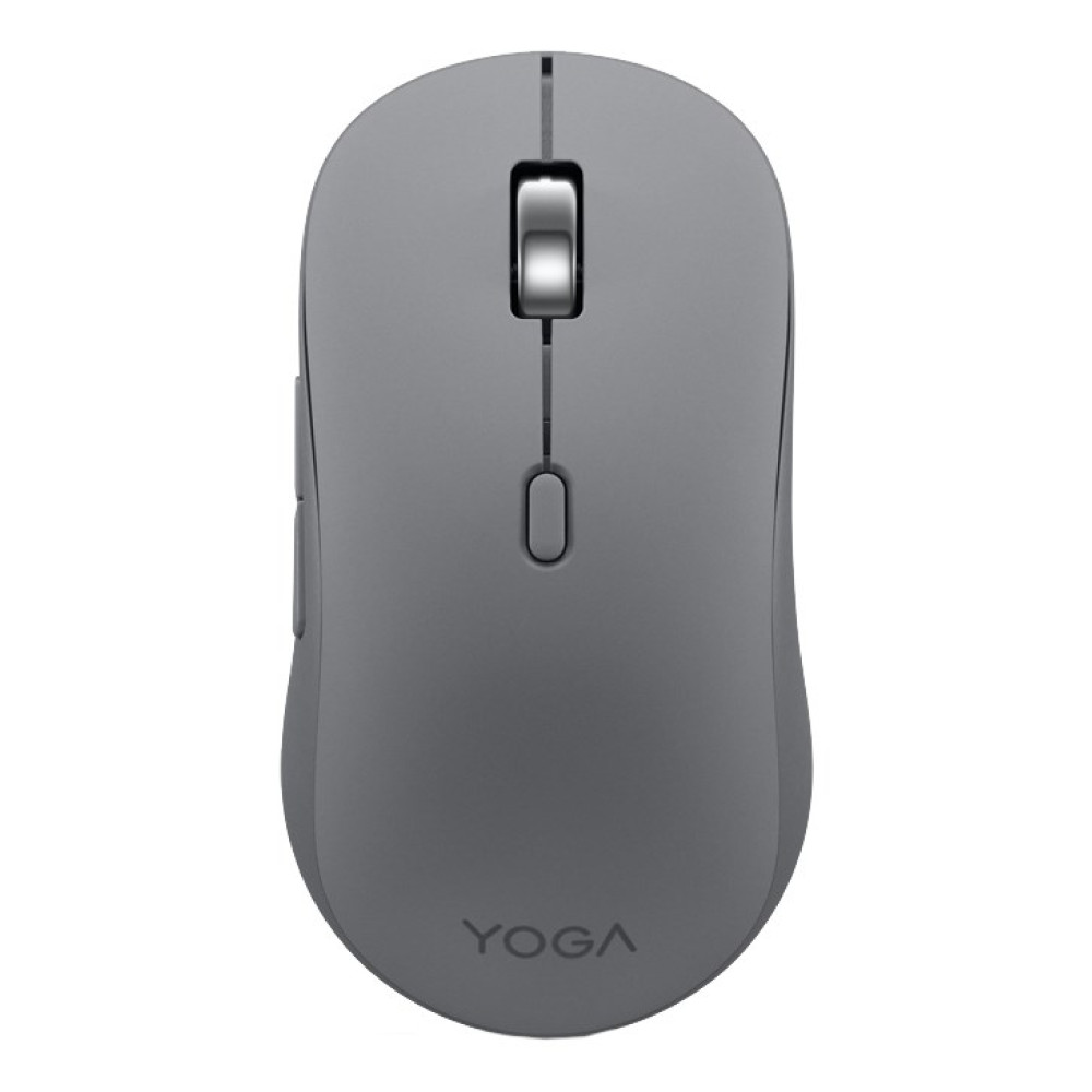 Mouse grigio per computer con rotella e pulsanti, logo YOGA.