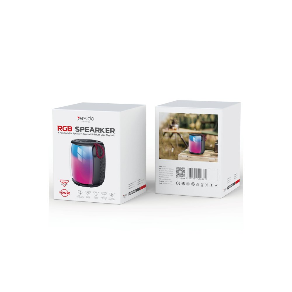 Taşınabilir RGB hoparlör ambalajı, hoparlör resmi ve detayları içerir.