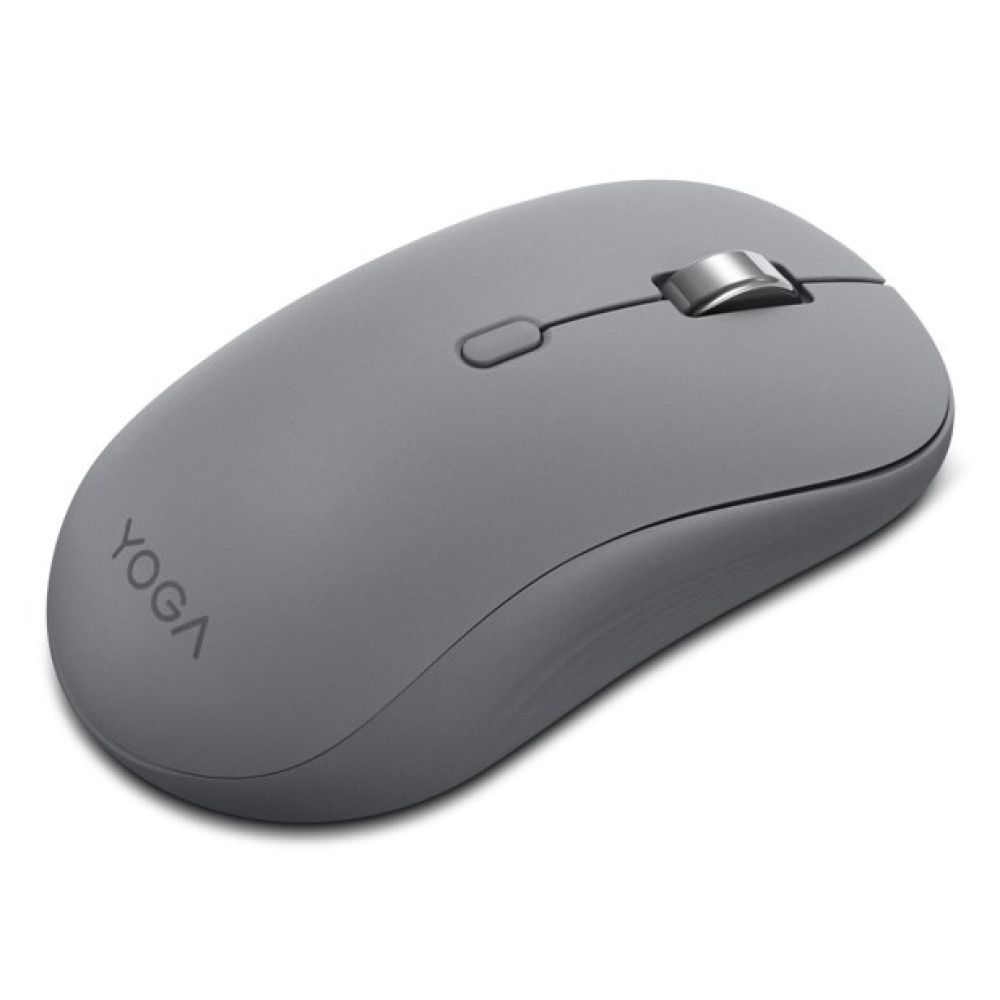 Un mouse wireless grigio con rotellina e logo "YOGA", su sfondo bianco.