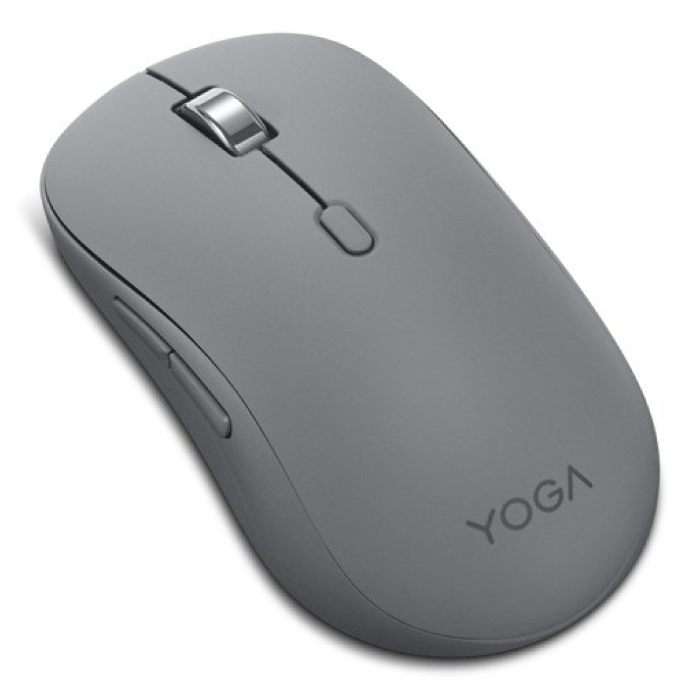 Mouse per computer Yoga grigio con rotellina argentata e due pulsanti.