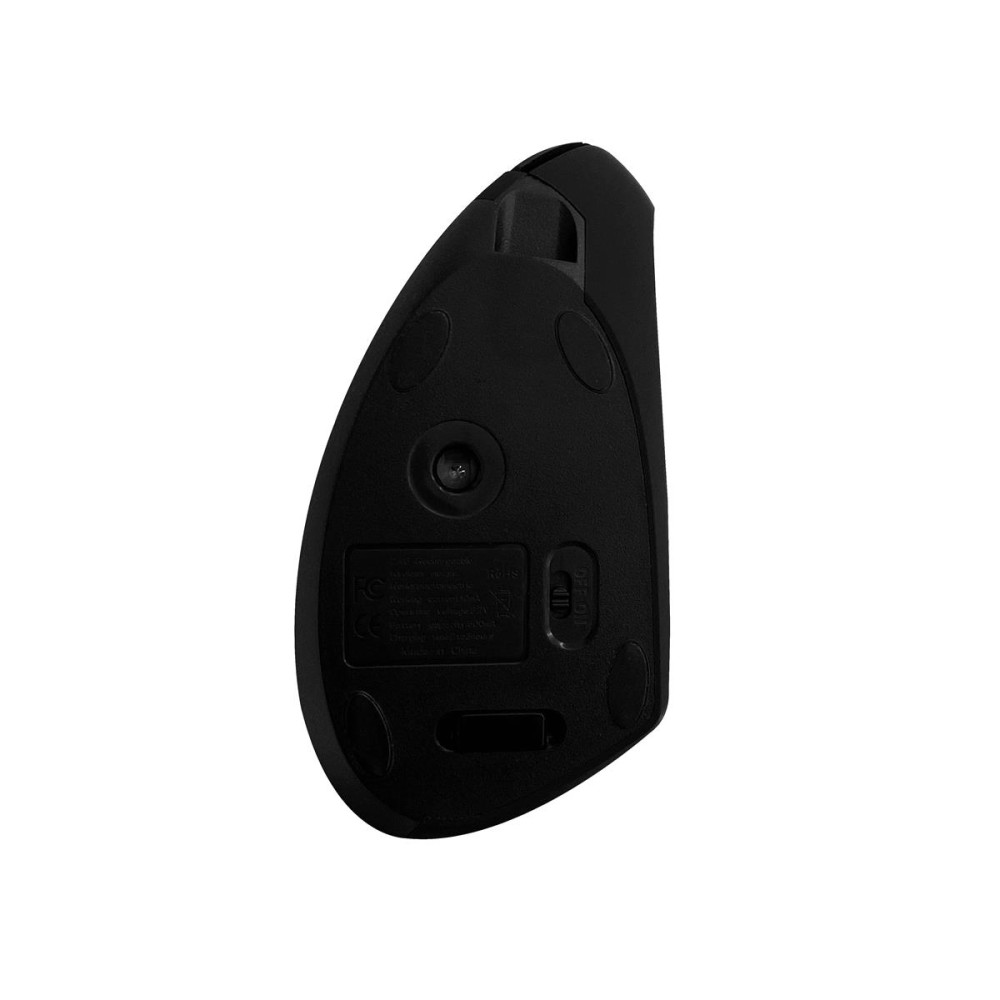 Spód czarnej myszy pionowej z przełącznikiem włącz/wyłącz i oznaczeniem CE.