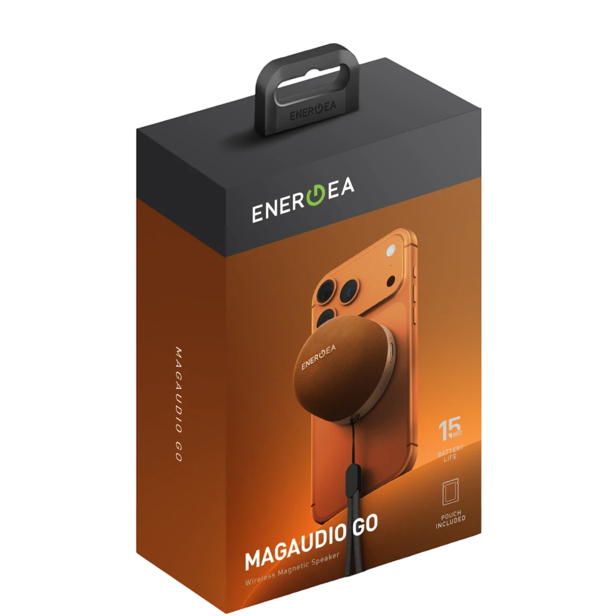 Telefon ve logolu MagAudio Go hoparlör ambalajı.