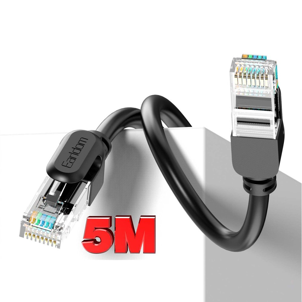 RJ45 konnektörlü siyah ağ kablosu, üzerinde "Earldom" ve "5M" yazıyor.