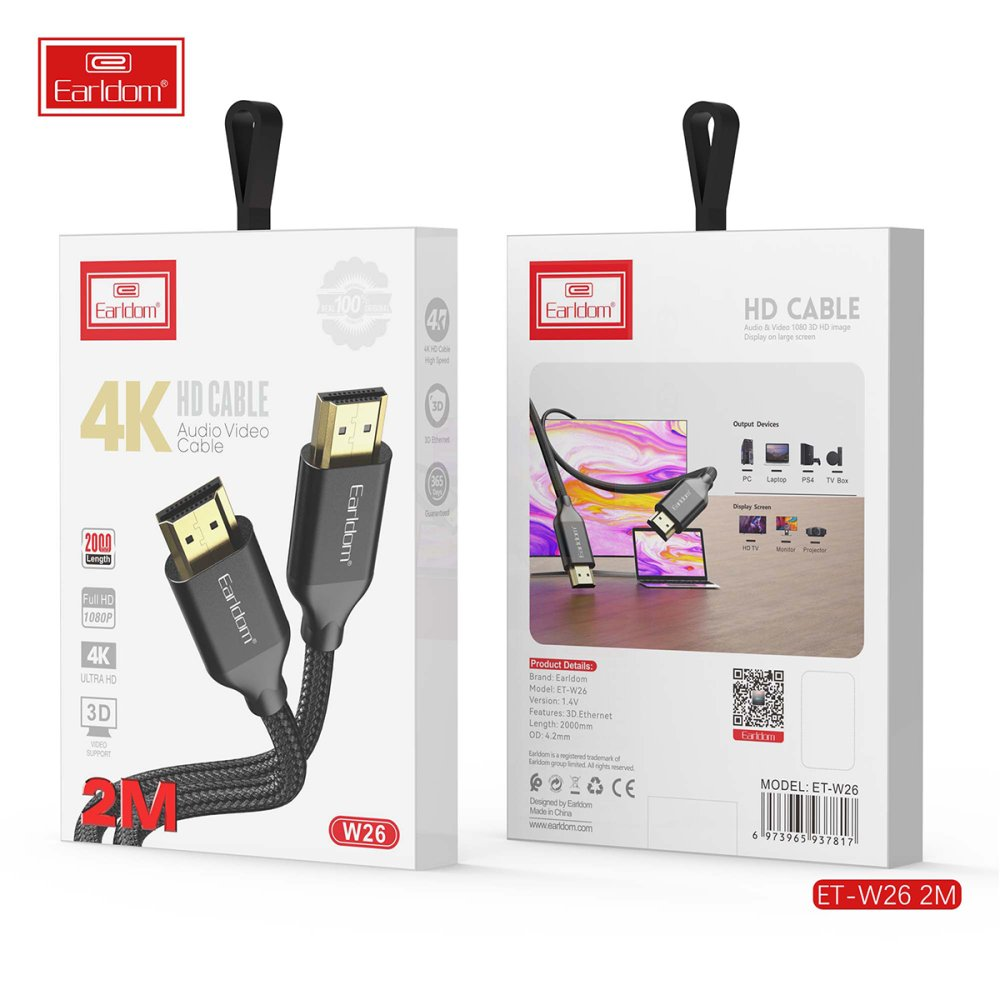 Earldom 4K HDMI kablosu, iki konektörlü, ambalaj ürün detaylarını gösteriyor.