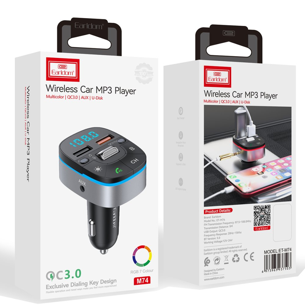 Earldom Kablosuz Araç MP3 Çalar, QC3.0, AUX, U-Disk ve RGB renkleri mevcut.