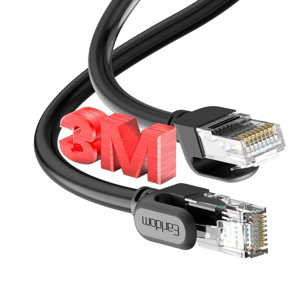 Beyaz arka plan üzerinde 3M logosu ve iki RJ45 konektörlü siyah ağ kablosu.