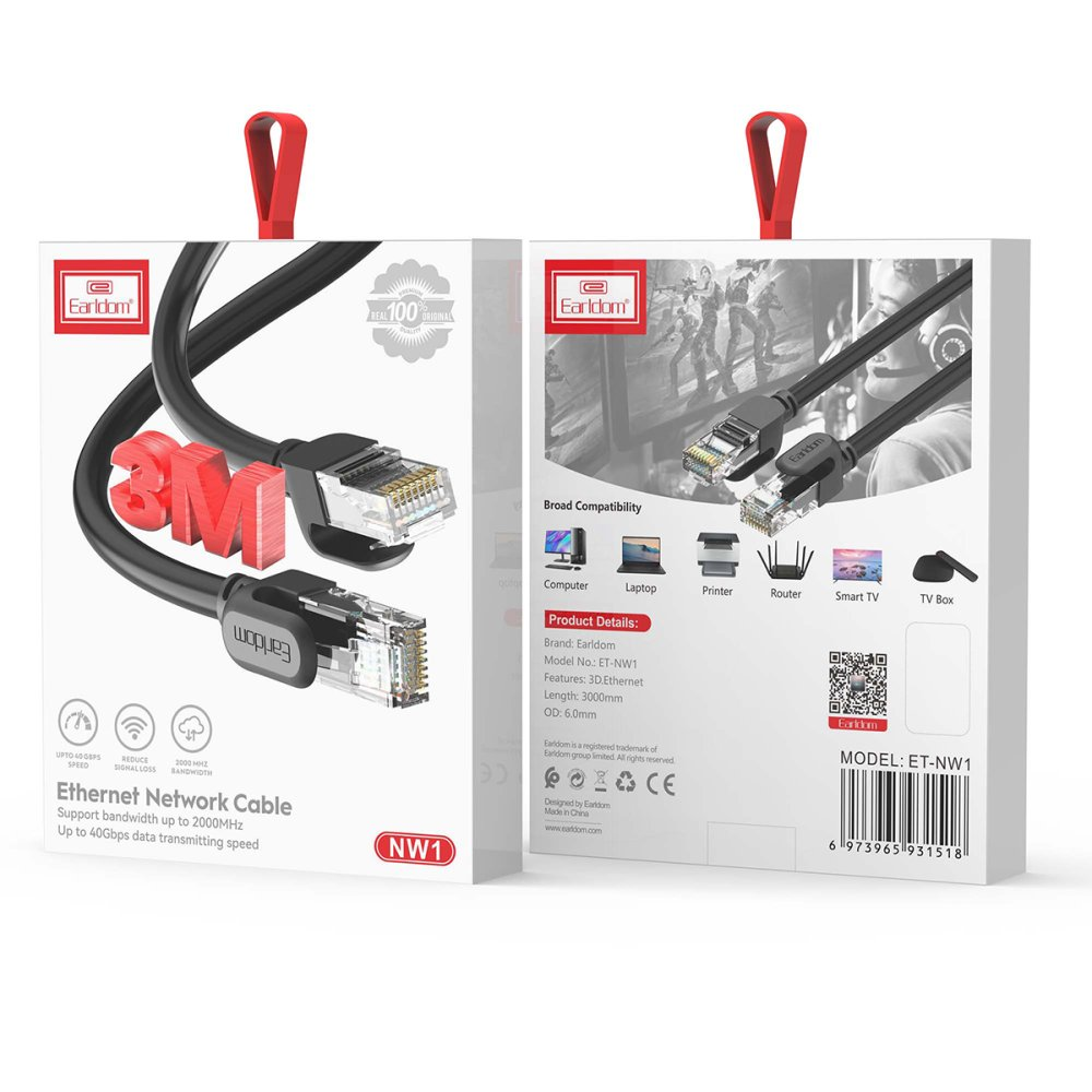 Paket üzerinde 3M ve RJ45 konektörlü siyah bir Ethernet kablosu.