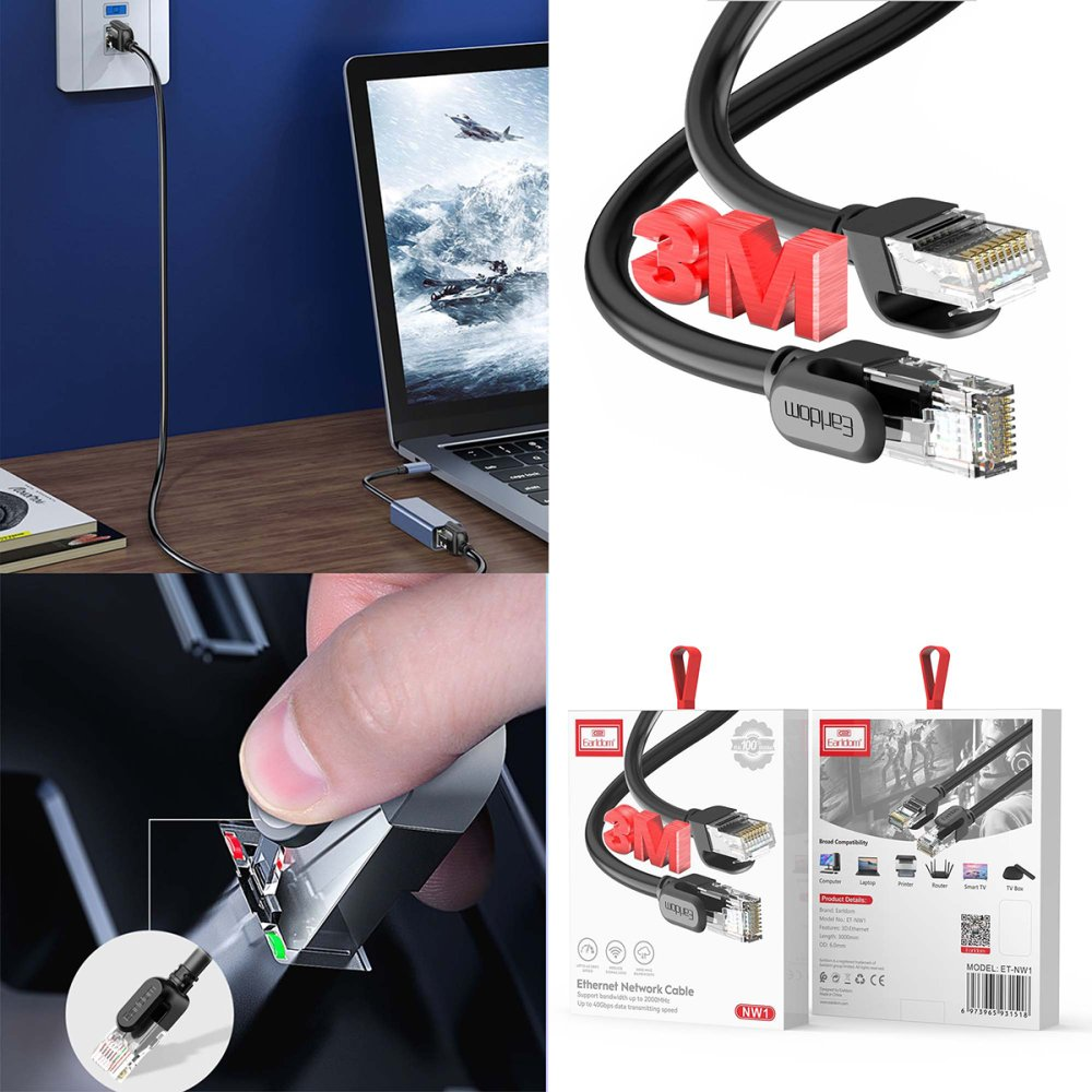 Dört resimde Ethernet kabloları gösteriliyor: biri dizüstü bilgisayar, biri fiş, ikisi ambalajlı.