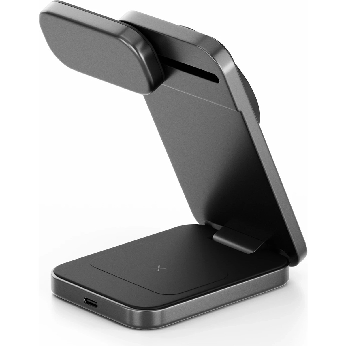 USB-C bağlantı noktalı koyu renkli, katlanabilir kablosuz şarj standı.