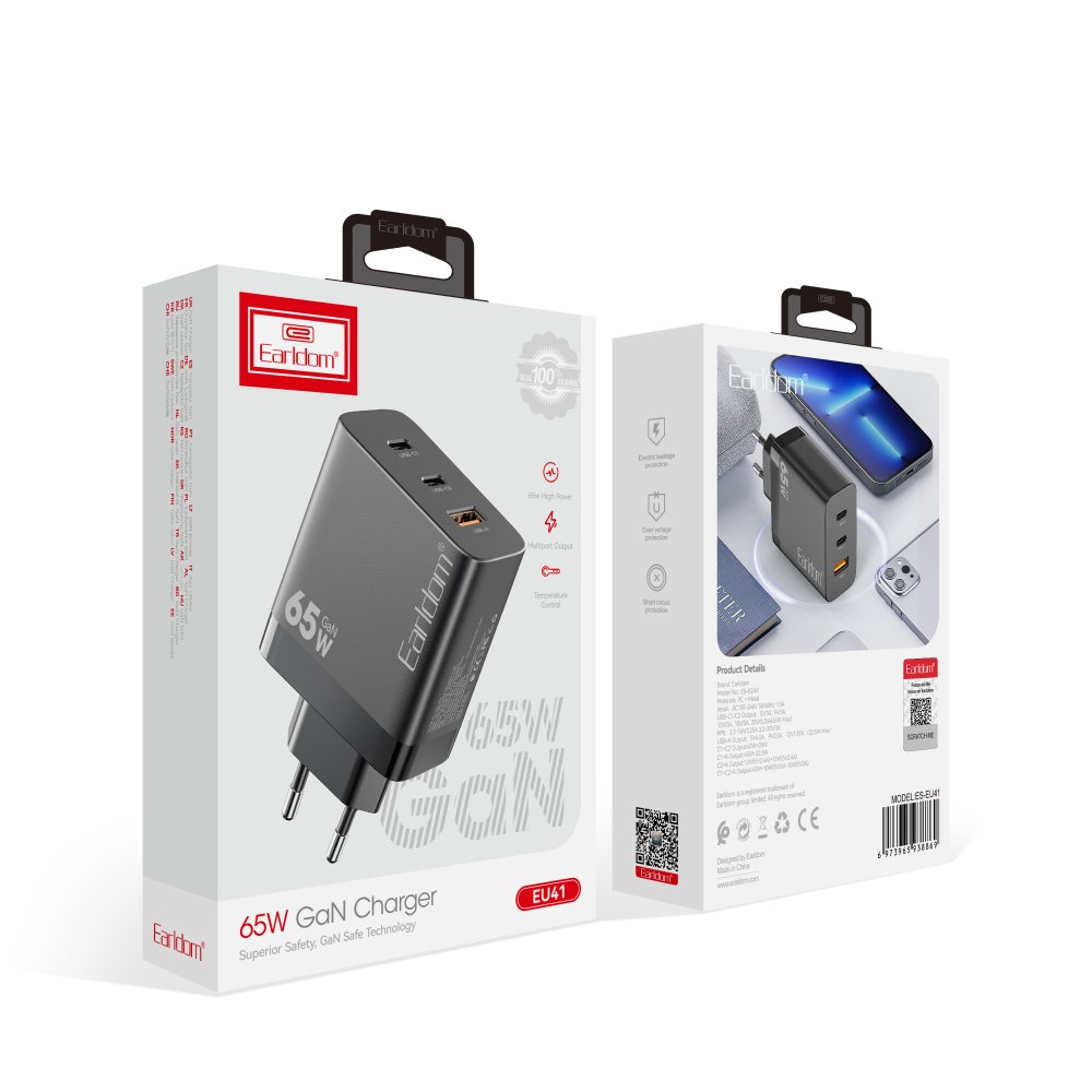 Earldom marka gri 65W GaN şarj cihazı, iki USB-C bağlantı noktasına sahip, ambalajında gösteriliyor.