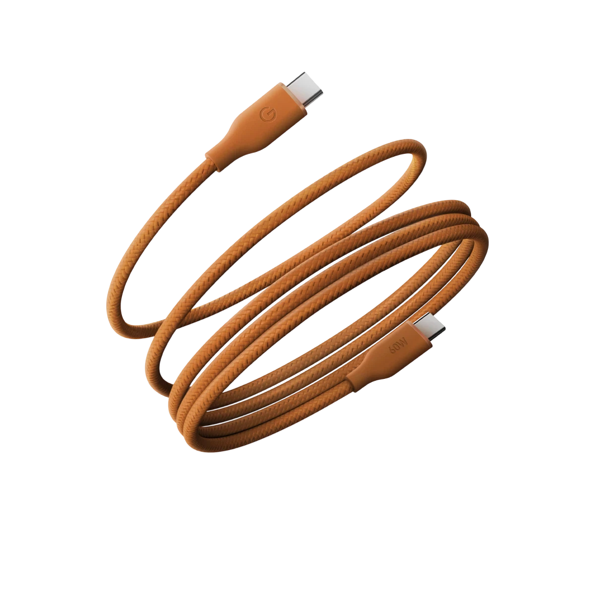 Siyah arka plan üzerinde turuncu kumaş kaplı USB-C kablosu.