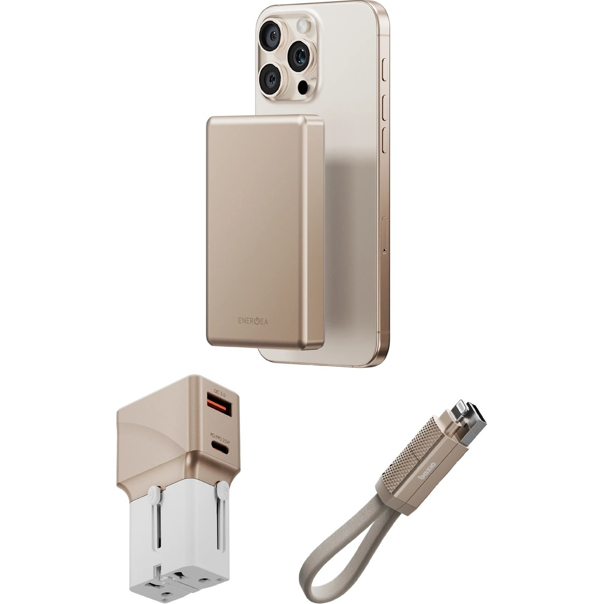Beyaz arka plan üzerinde altın iPhone powerbank, şarj cihazı ve kablo.