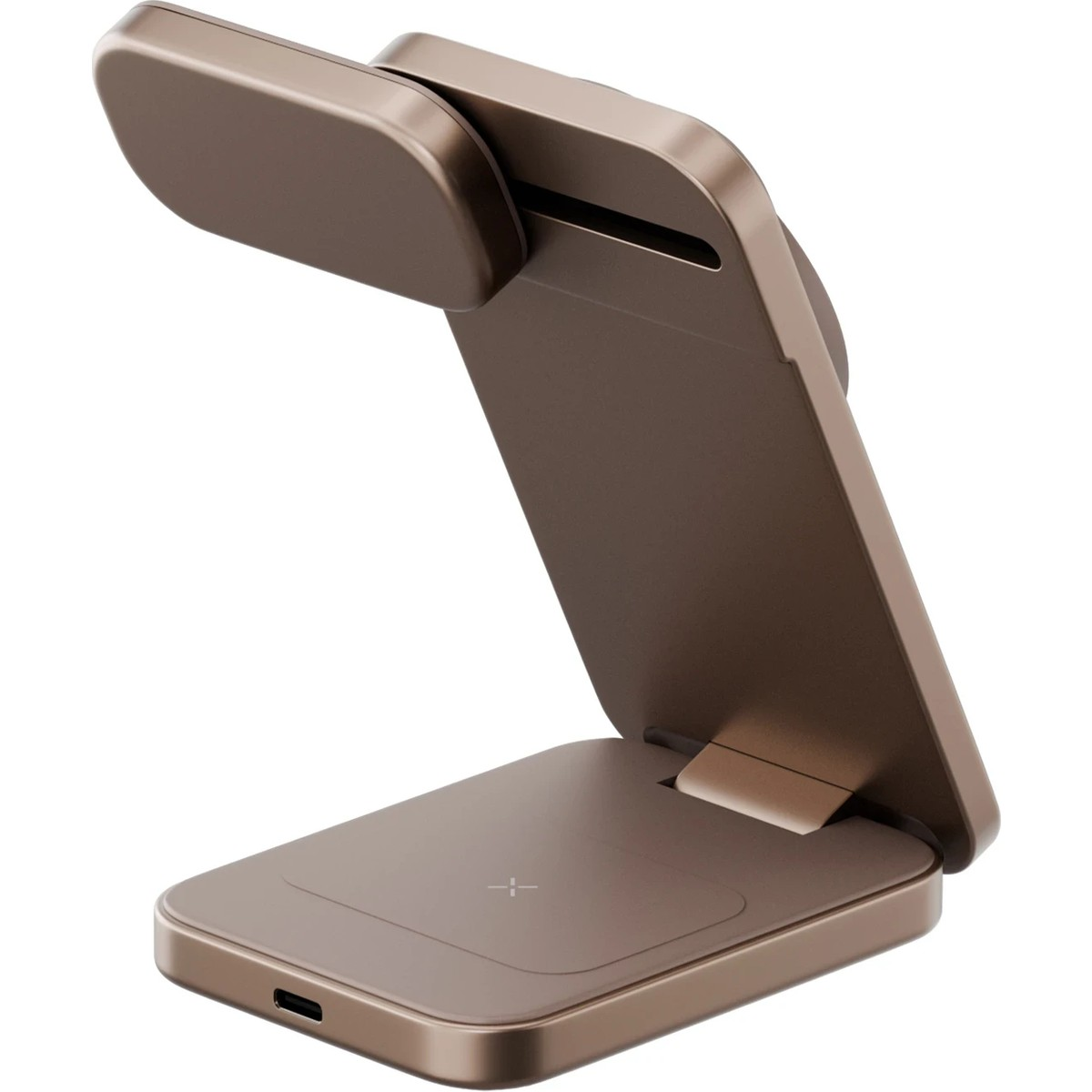 USB-C portlu ve şarj göstergeli bronz renkli, katlanabilir kablosuz şarj standı.