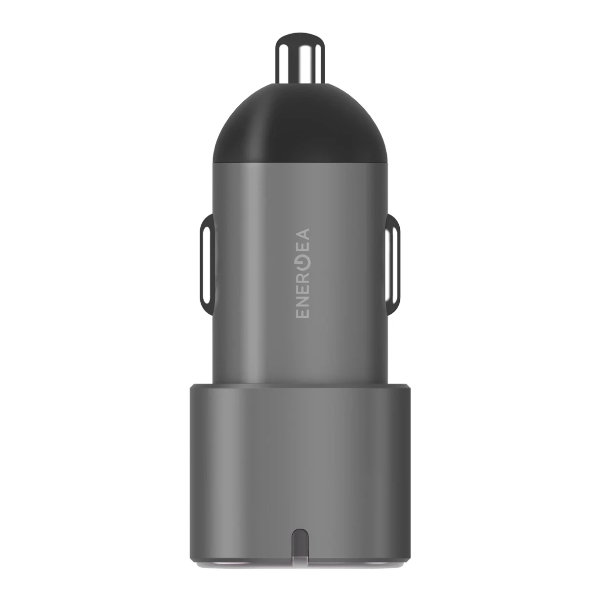 Siyah üst ve marka logosuna sahip gri araç USB şarj adaptörü.