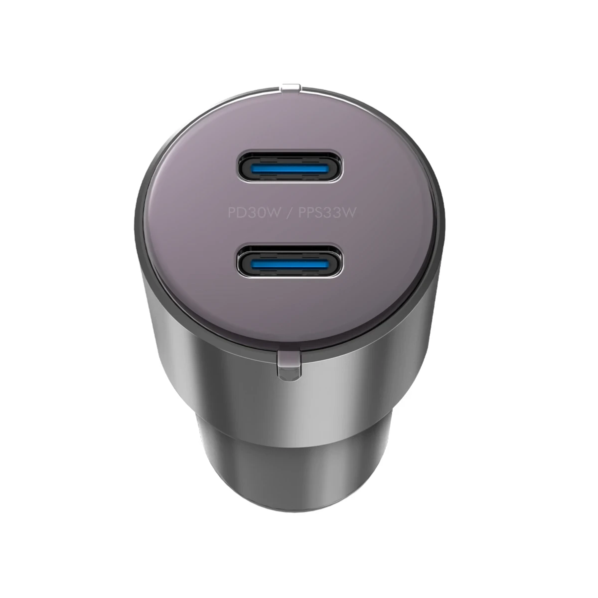 İki mavi USB-C bağlantı noktasına sahip gri araç USB adaptörü.