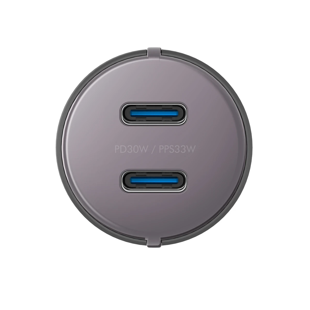 Mavi uçlu, iki portlu gri USB-C şarj cihazı.