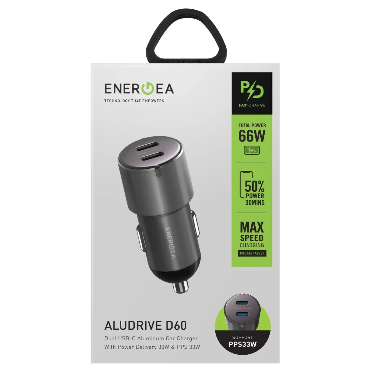 Ambalaj üzerinde 66W gücünde gri çift USB-C araç şarj cihazı.
